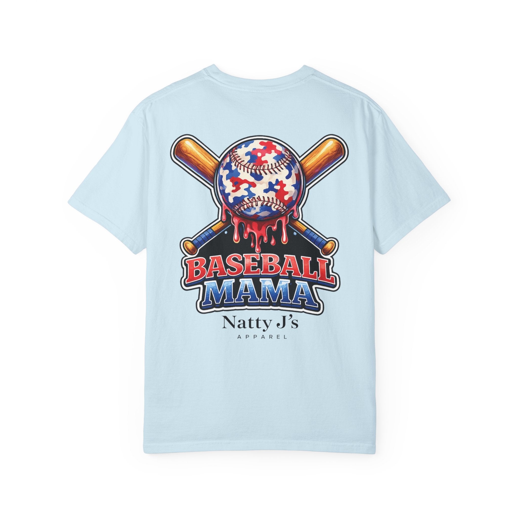 Light Blue (Chambray) patriotic baseball mama shirt with red white blue baseball and crossed bats on cream t-shirt
womens baseball mom shirt with patriotic graphic and dripping baseball design
baseball mama graphic tee for women with american flag colors
game day shirt for baseball moms with bold red white blue design
sports mom shirt with baseball and bat graphic for tournament season Featuring NattyJ's Apparel