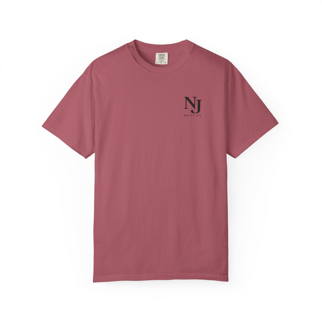 Red (Crimson) t-shirt with 'NJ NattyJ's' Left Chest logo on a white background