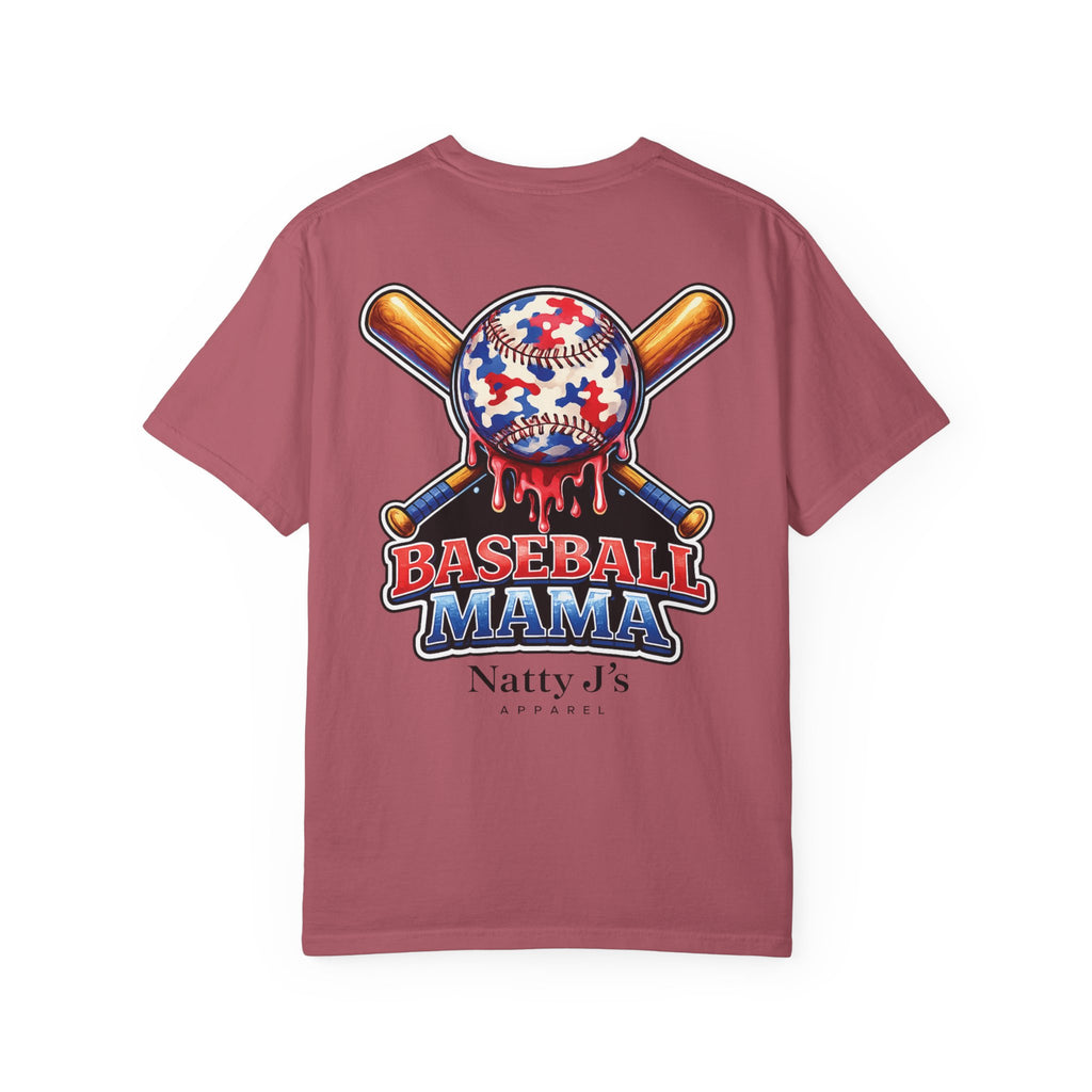 Red (crimson) patriotic baseball mama shirt with red white blue baseball and crossed bats on cream t-shirt
womens baseball mom shirt with patriotic graphic and dripping baseball design
baseball mama graphic tee for women with american flag colors
game day shirt for baseball moms with bold red white blue design
sports mom shirt with baseball and bat graphic for tournament season Featuring NattyJ's Apparel
