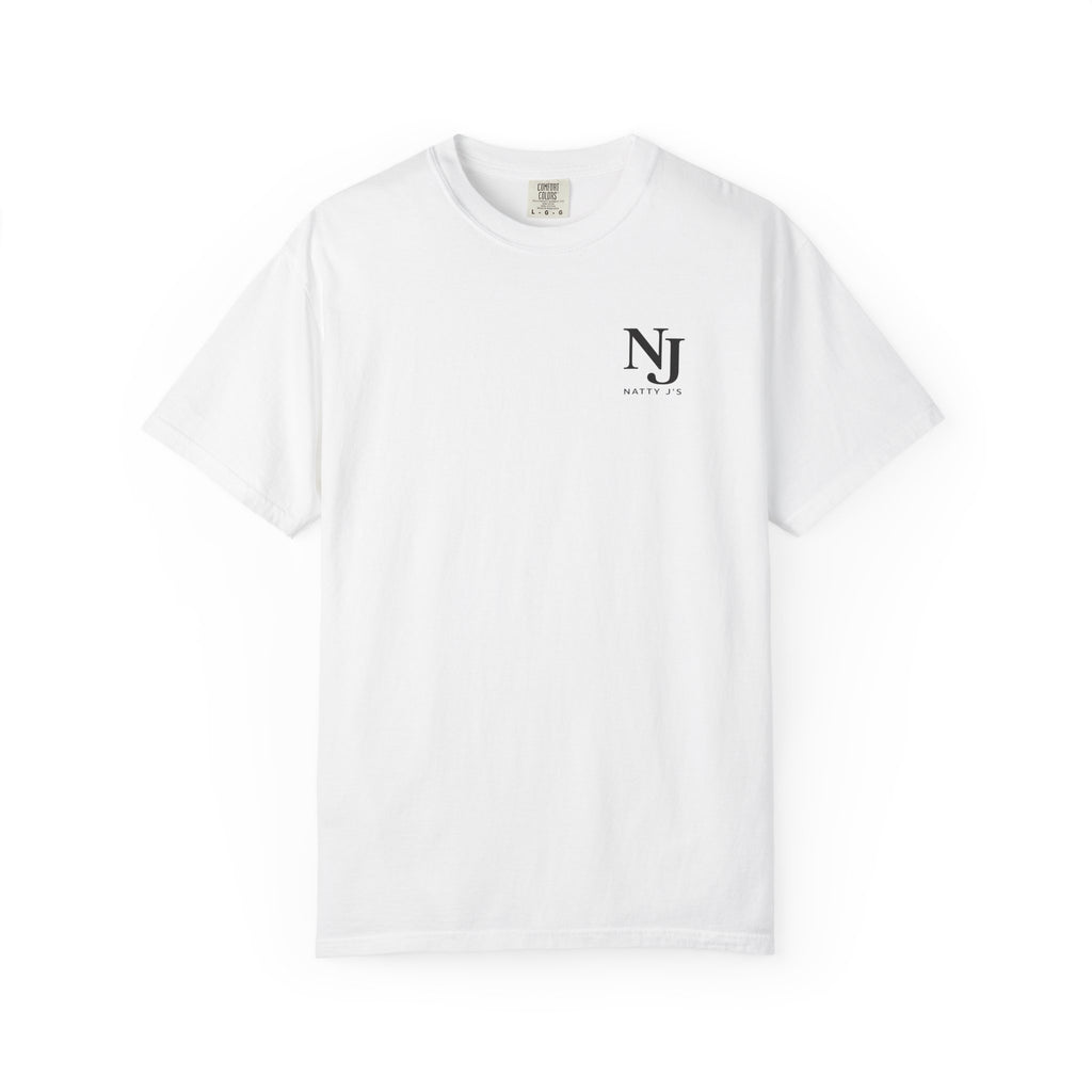 White t-shirt with a 'NJ NattyJ's' Left Chest logo on a white background