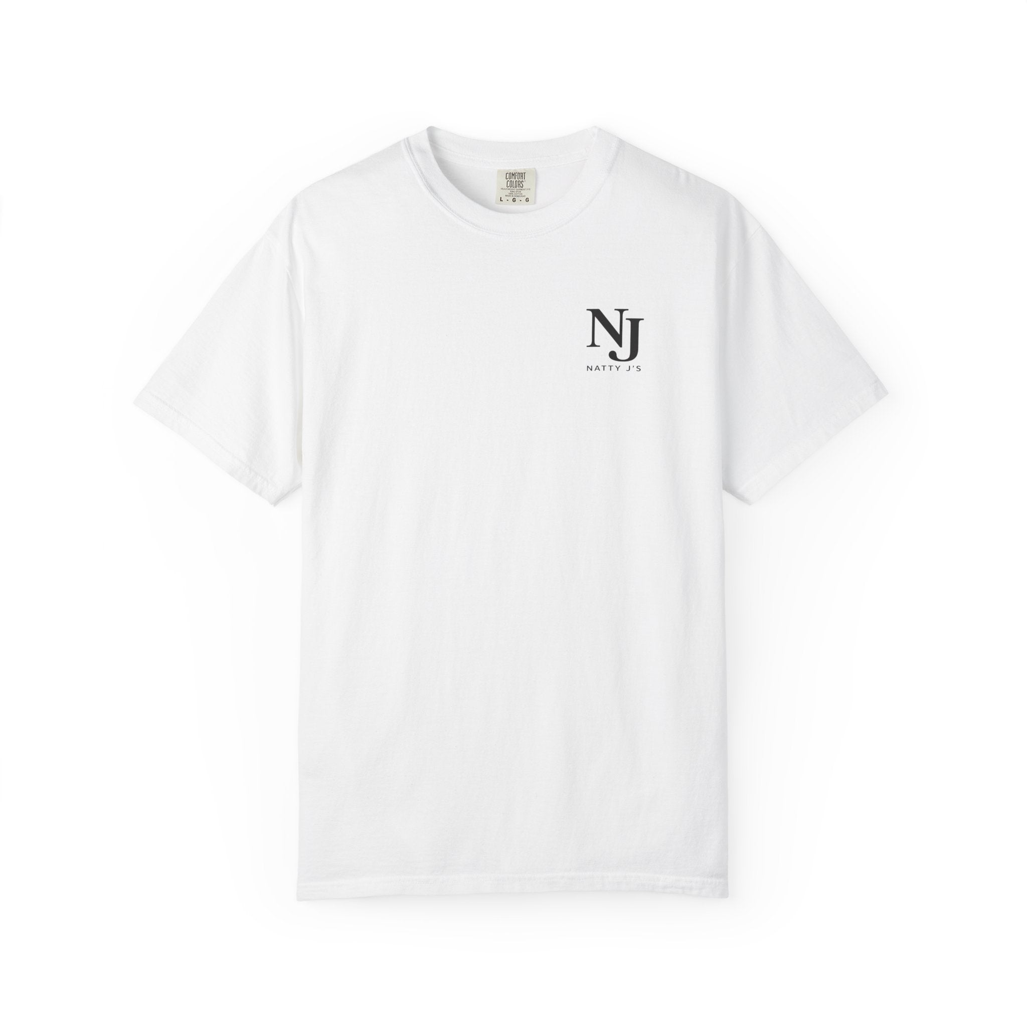 White t-shirt with a 'NJ NattyJ's' Left Chest logo on a white background