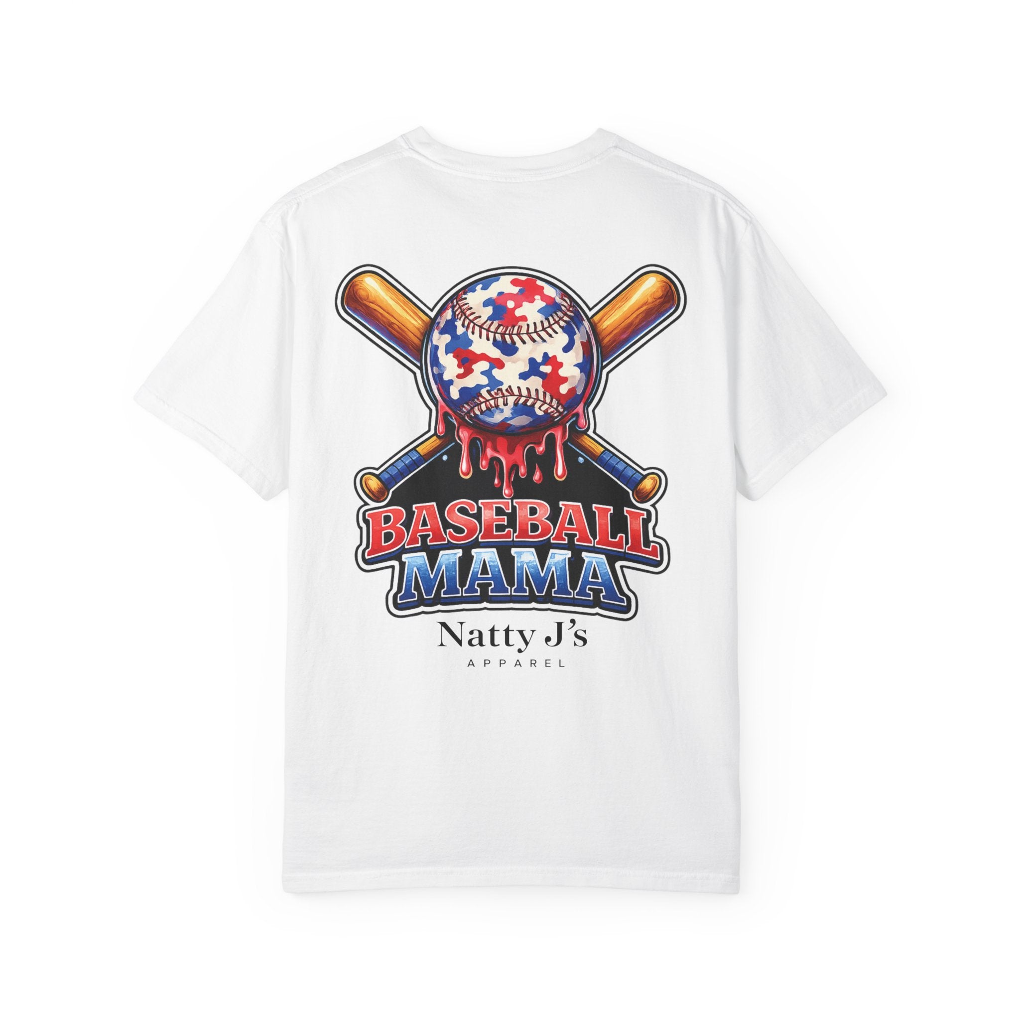 White patriotic baseball mama shirt with red white blue baseball and crossed bats on cream t-shirt
womens baseball mom shirt with patriotic graphic and dripping baseball design
baseball mama graphic tee for women with american flag colors
game day shirt for baseball moms with bold red white blue design
sports mom shirt with baseball and bat graphic for tournament season Featuring NattyJ's Apparel