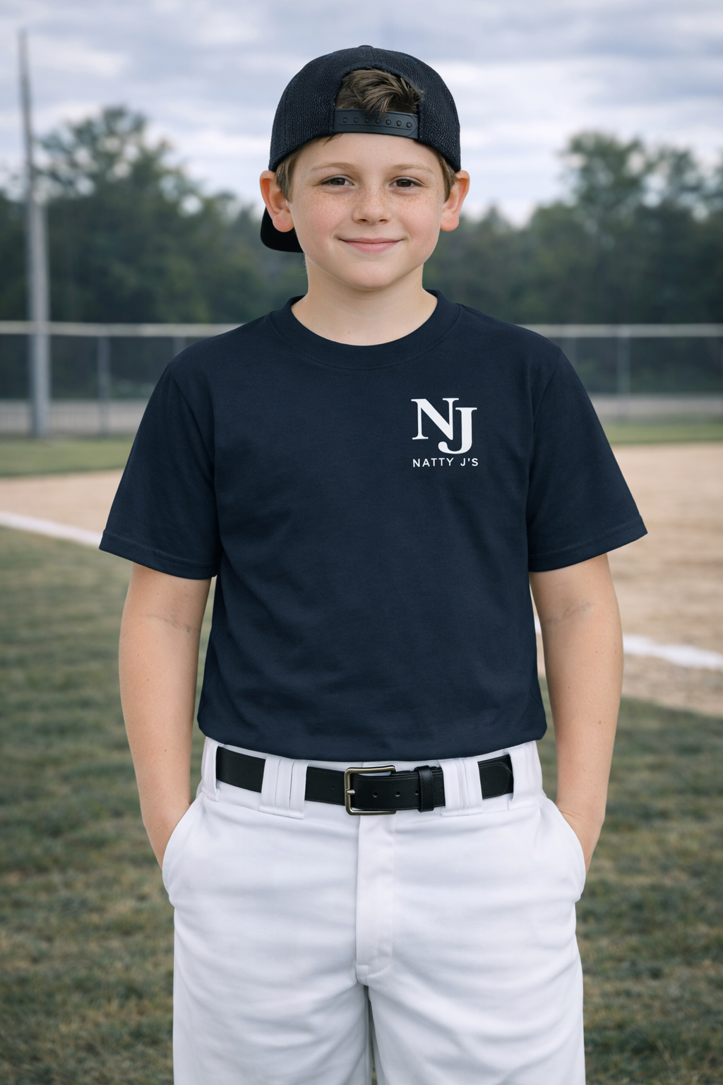 Young boy wearing a black t-shirt with 'NJ' logo on a baseball field.