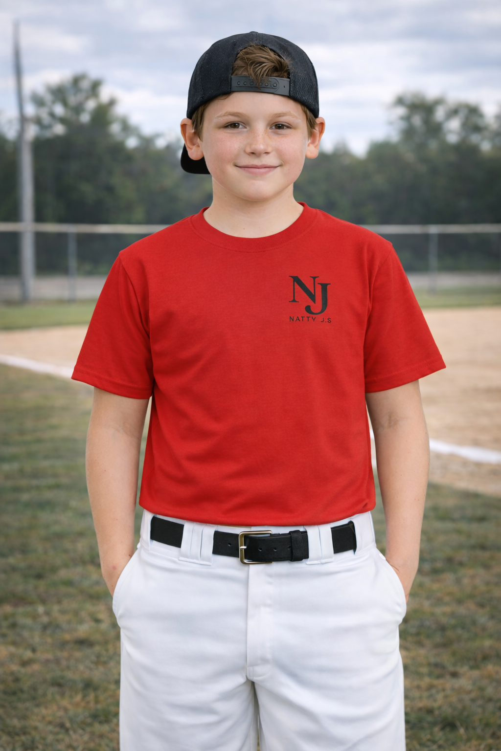 Young boy wearing a red sports jersey with 'NJ' logo on a baseball field