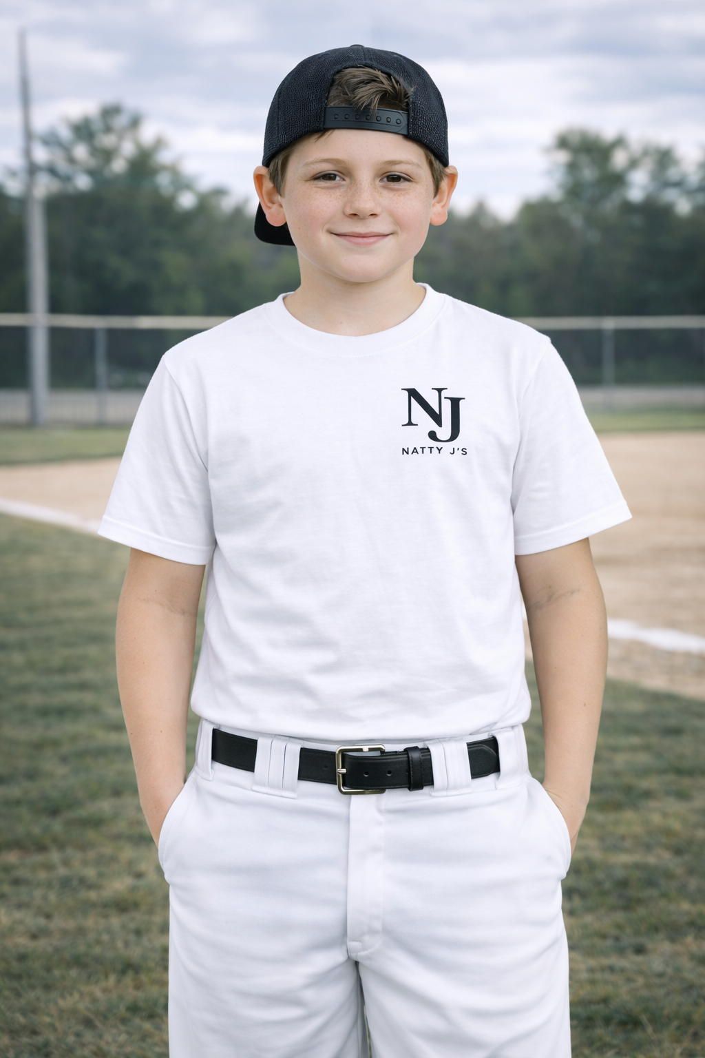 Young boy in a white sports uniform with 'NJ' logo on a baseball field