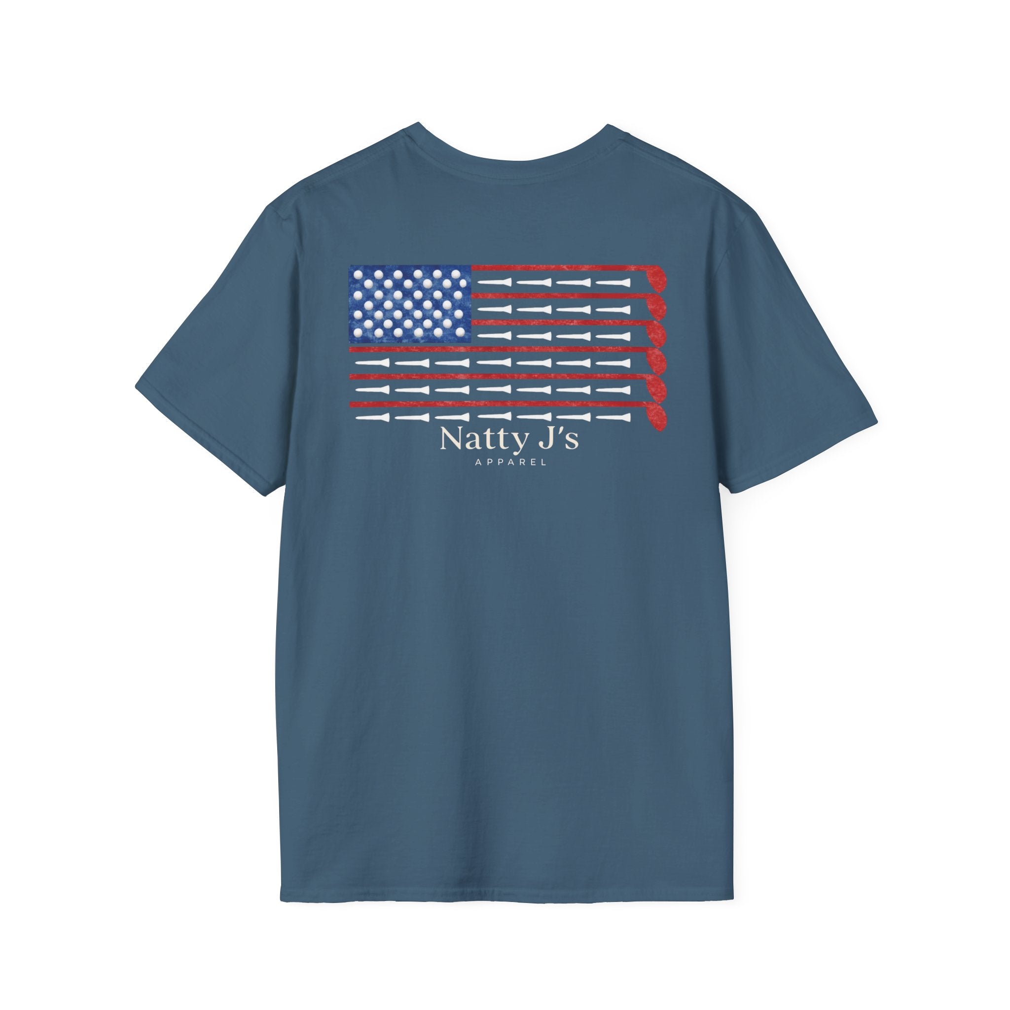 Blue (Indigo Blue) t-shirt with Golf Club American flag design and 'Natty J's Apparel' Branding