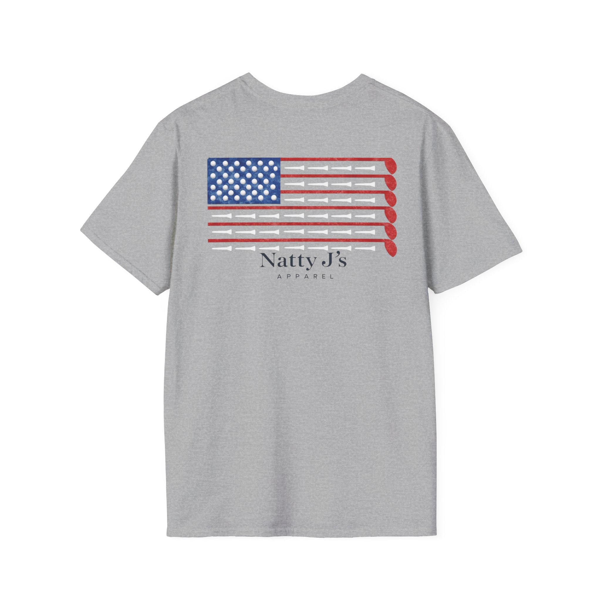 Gray t-shirt with Patriotic Golf Club American flag graphic and 'Natty J's Apparel' Branding