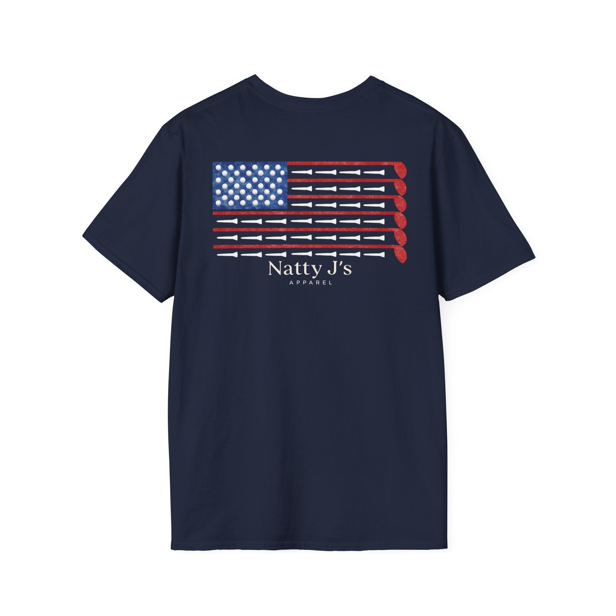Navy blue t-shirt with Patriotic Golf Club American flag and 'Natty J's Apparel' Branding