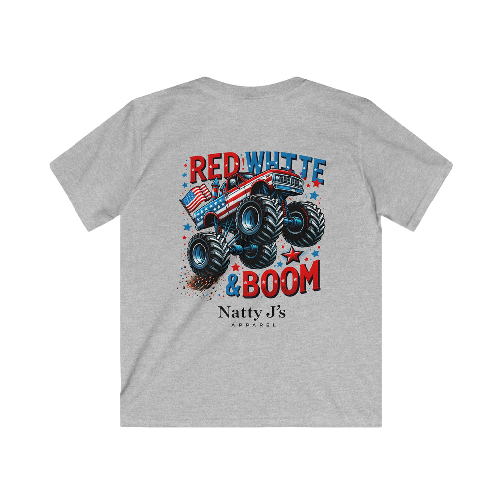 Grey youth red white and boom monster truck shirt with american flag design on light blue t-shirt
kids patriotic monster truck graphic tee for 4th of july
youth american flag truck shirt with bold red white blue design
kids summer shirt with monster truck and patriotic theme
independence day youth t-shirt with truck graphic Featuring NattyJ's Apparel