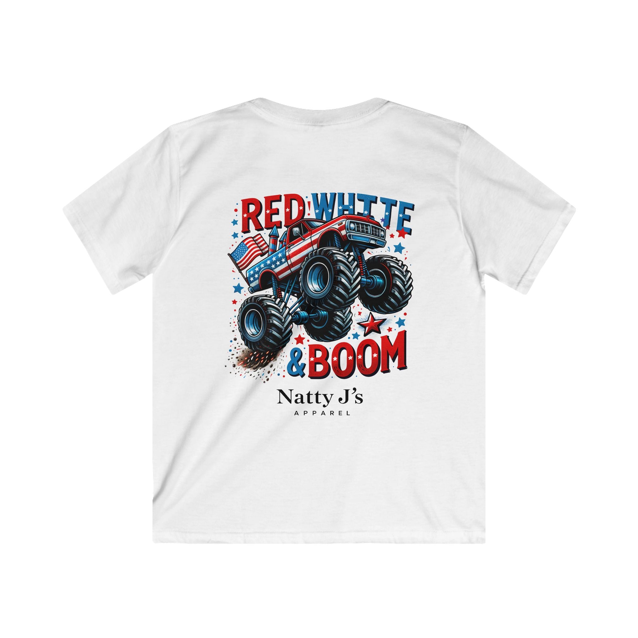 White youth red white and boom monster truck shirt with american flag design on light blue t-shirt
kids patriotic monster truck graphic tee for 4th of july
youth american flag truck shirt with bold red white blue design
kids summer shirt with monster truck and patriotic theme
independence day youth t-shirt with truck graphic Featuring NattyJ's Apparel