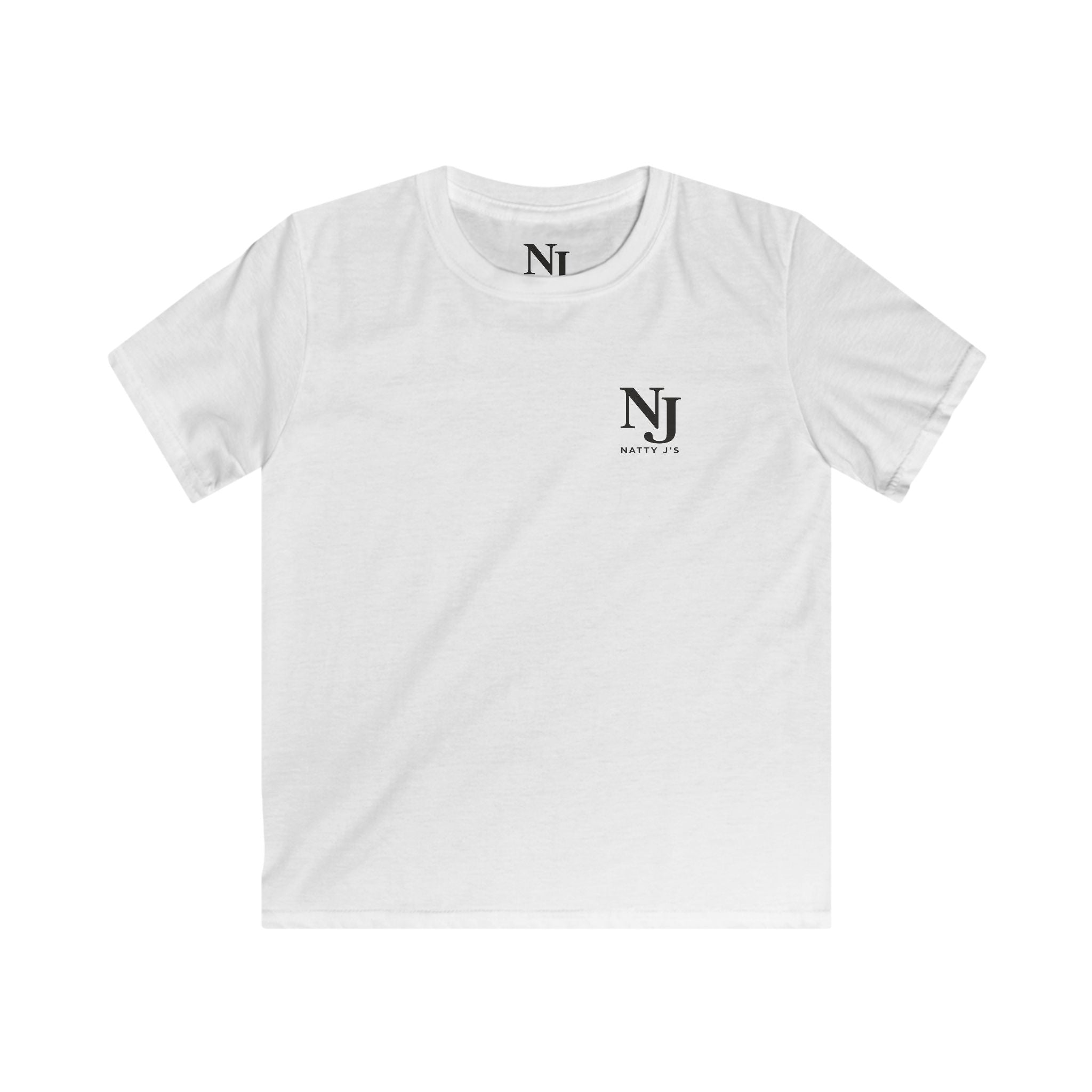 White t-shirt with a black  left chest logo "NJ Natty J's" logo on a white background