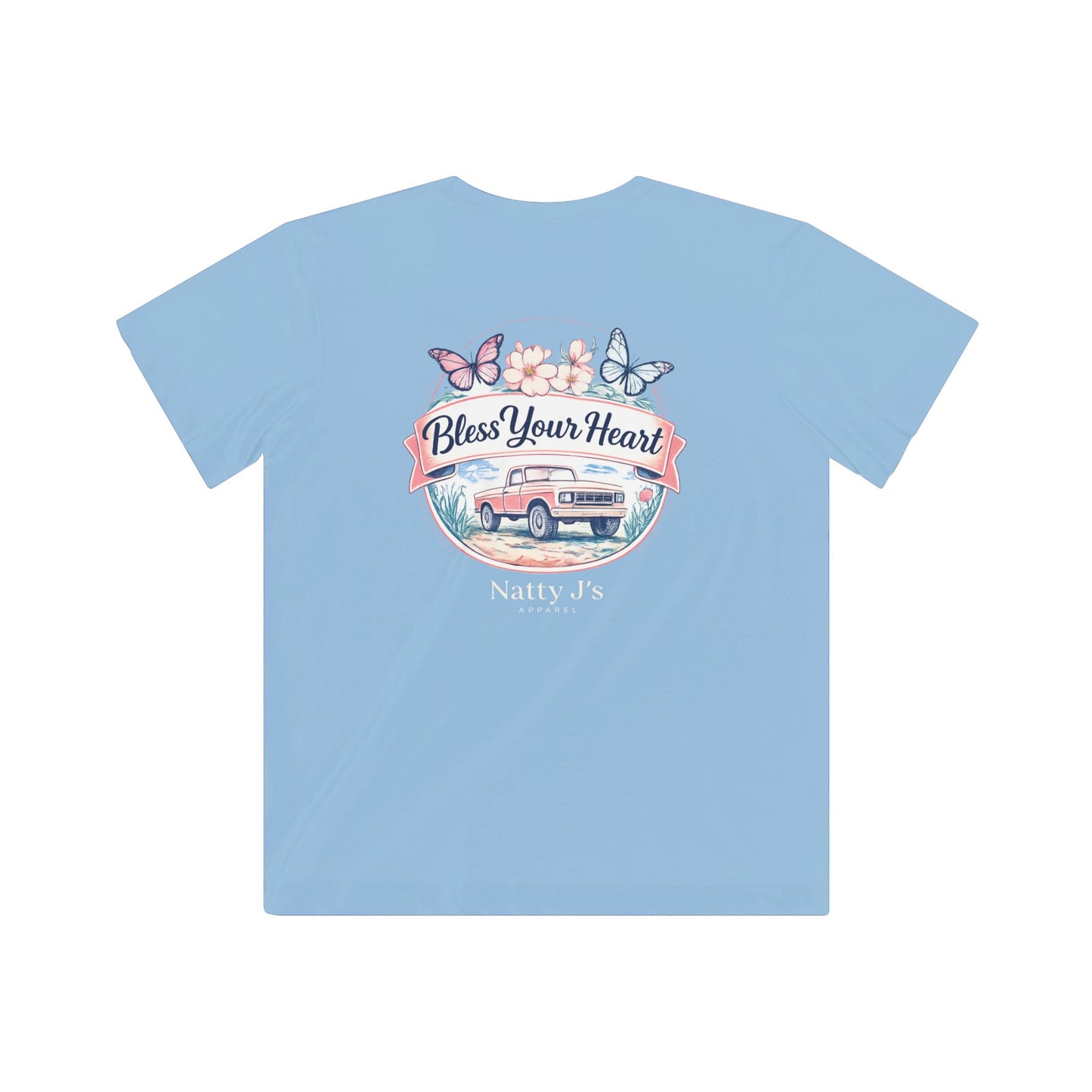 Light blue t-shirt with a graphic design featuring a truck and butterflies on a white background