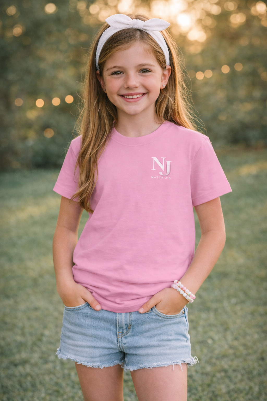 Young girl wearing a pink t-shirt with 'NJ' logo and denim shorts outdoors.