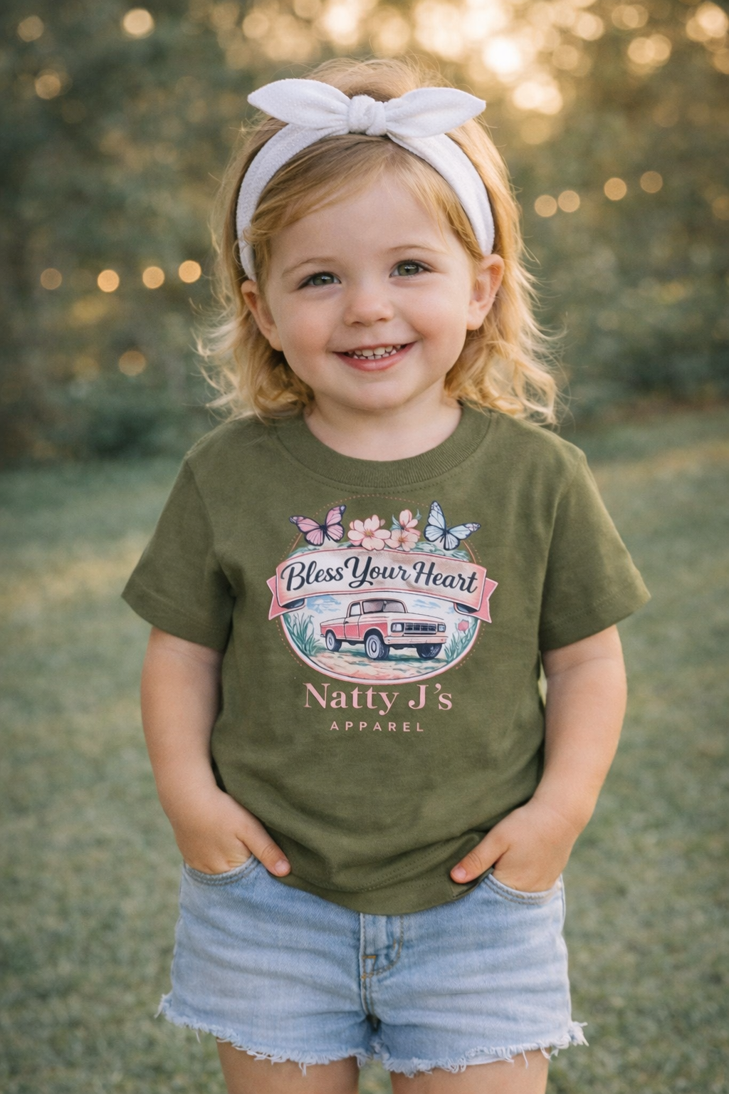 Child wearing a green t-shirt with a graphic design and text, standing outdoors.