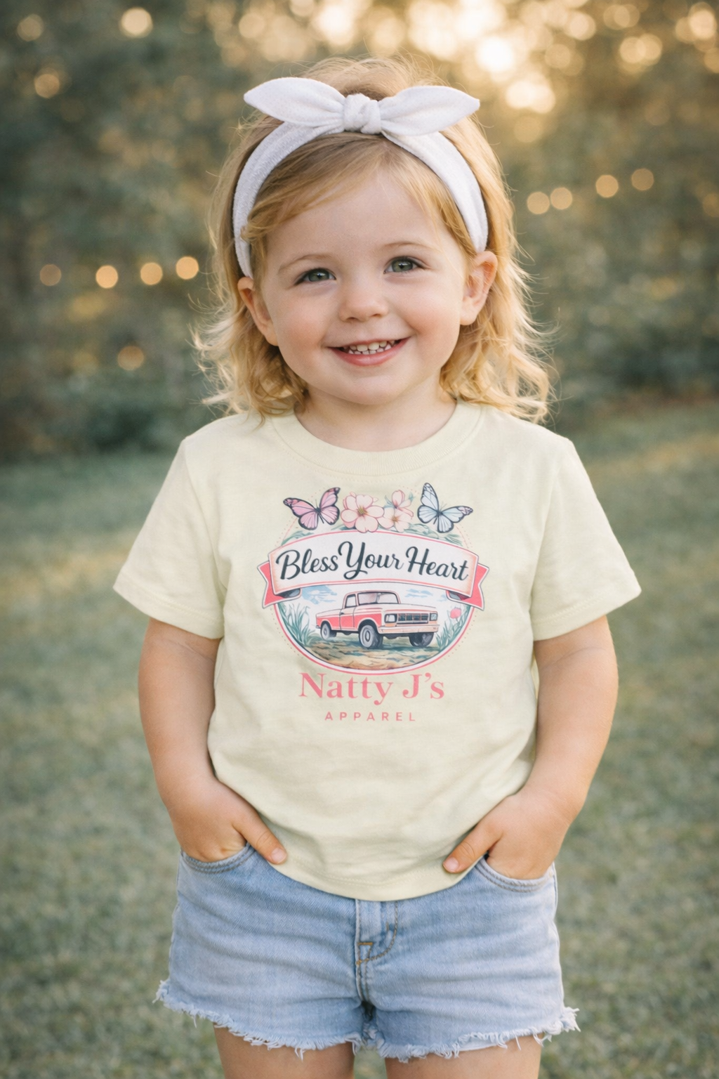 Child wearing a t-shirt with a graphic design and text, standing outdoors.