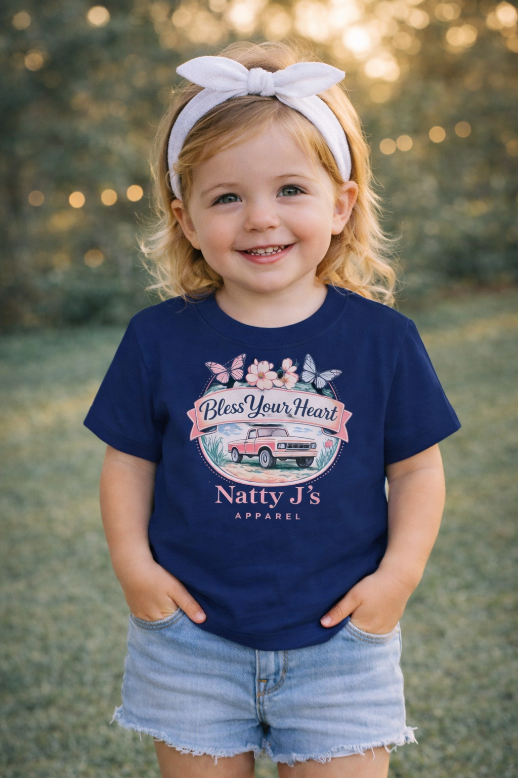 Child wearing a navy blue t-shirt with a graphic design and text, standing outdoors.