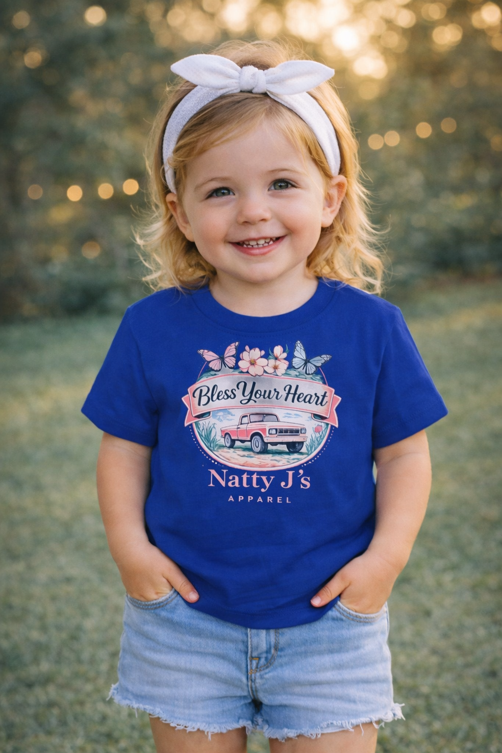 Child wearing a blue t-shirt with 'Natty J's Apparel' design outdoors.