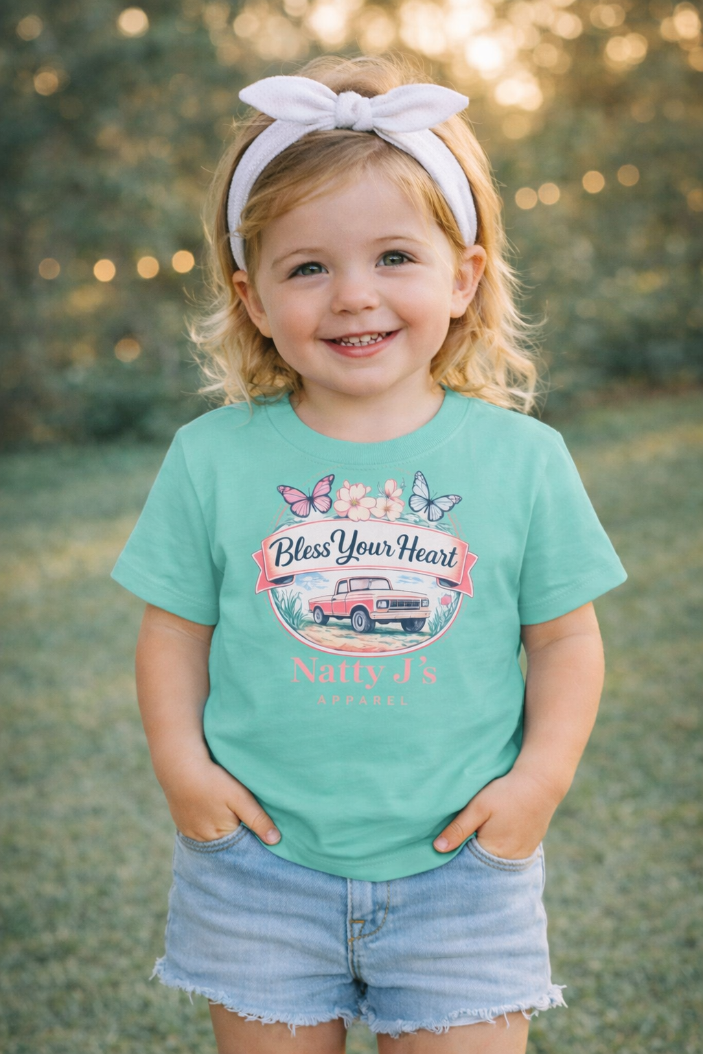 Child wearing a green t-shirt with a graphic design outdoors