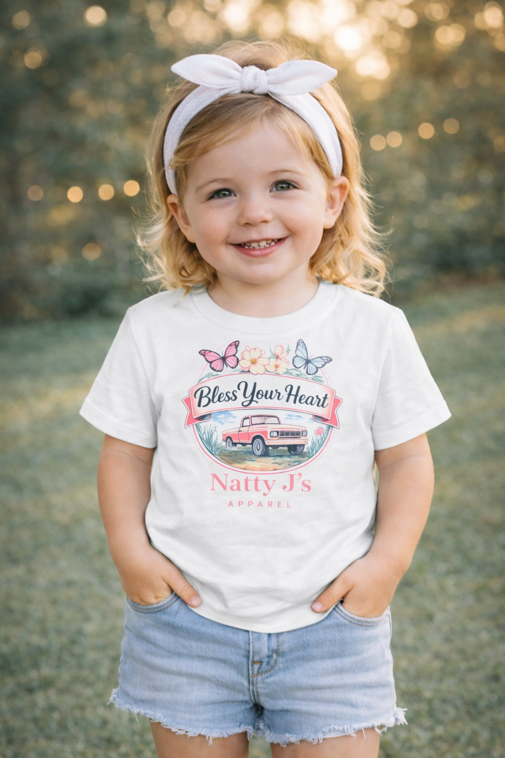 Child wearing a white t-shirt with a graphic design outdoors