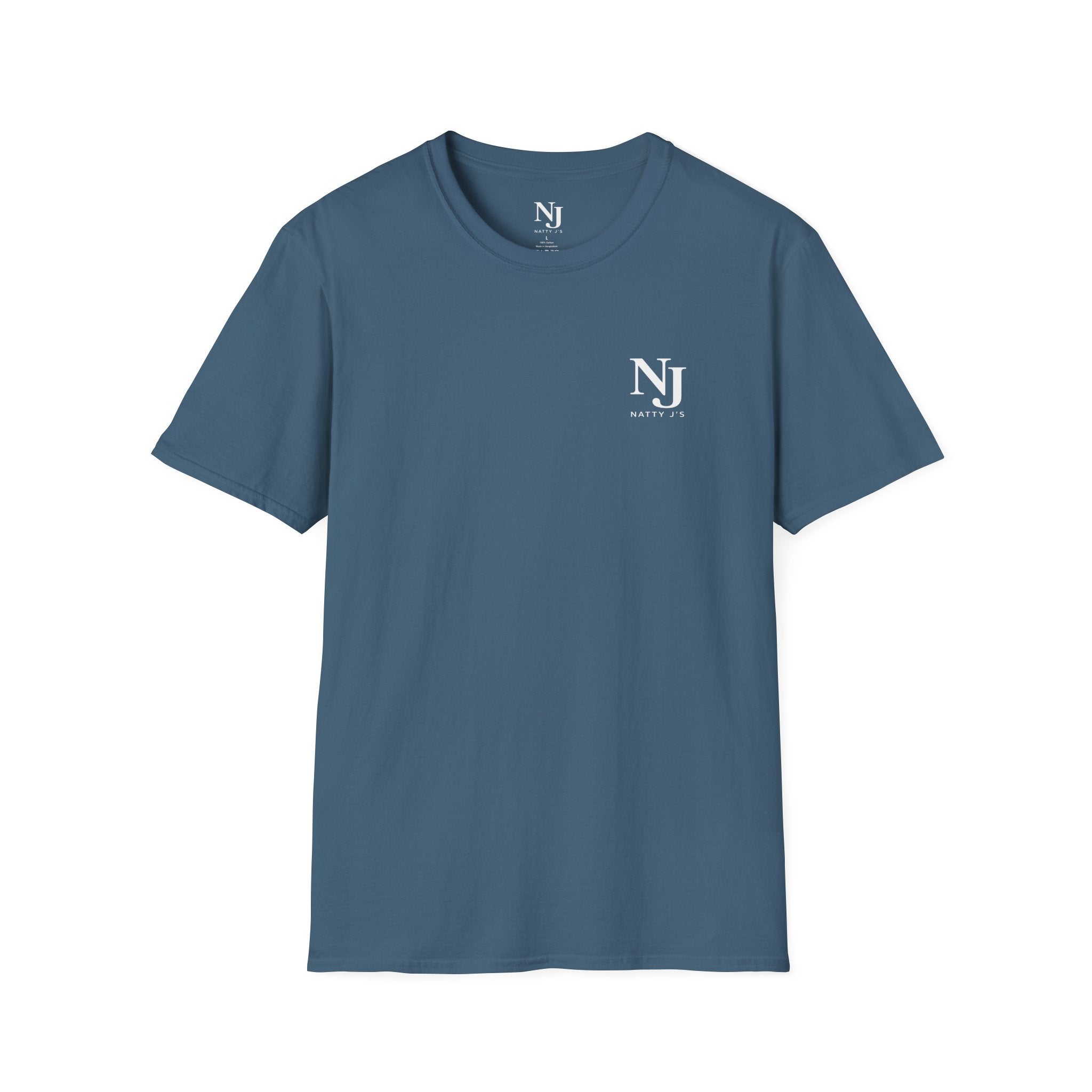 Blue (indigo Blue) t-shirt with 'NJ Natty J's' Front left chest logo 