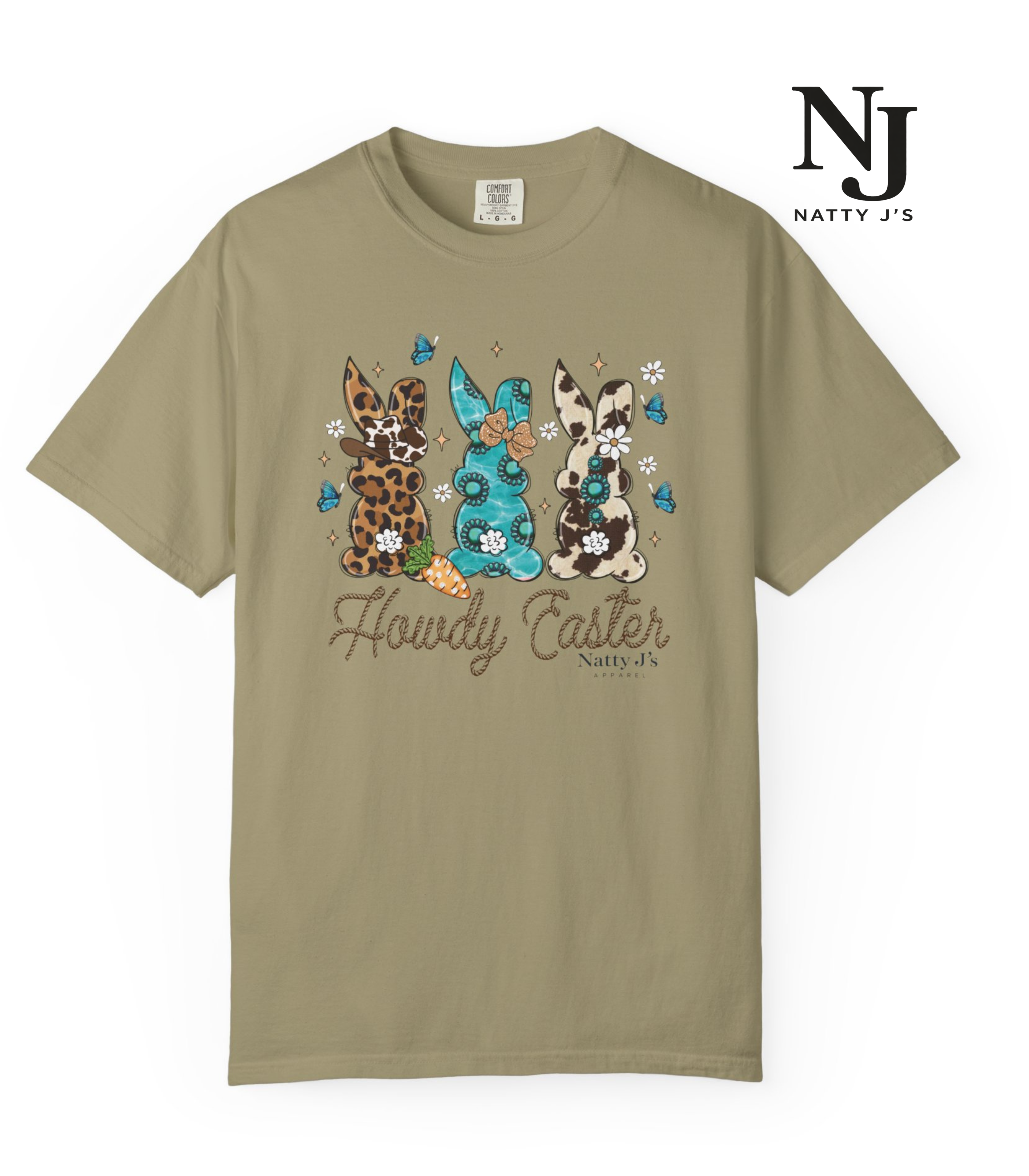 Khaki t-shirt with Easter-themed design featuring bunnies and flowers on a white background.