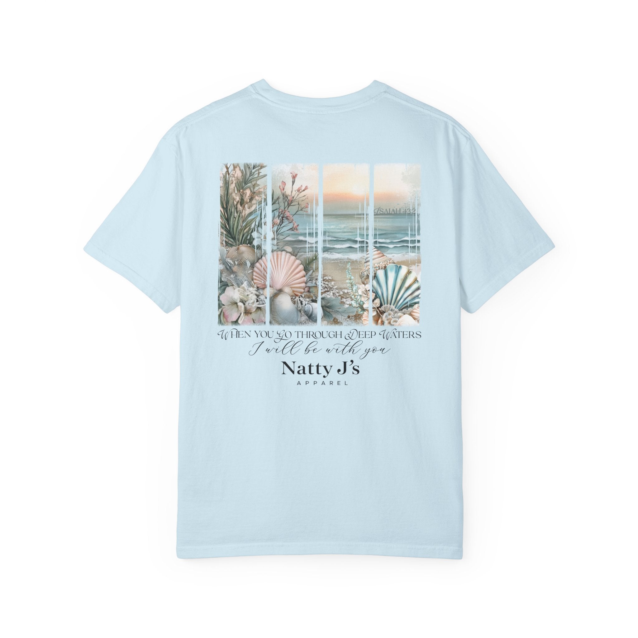 Light Blue (Chambray) womens christian t shirt with ocean beach scene and isaiah 43:2 scripture on light blue shirt
coastal faith graphic tee with seashells and ocean waves design for women
inspirational bible verse shirt when you go through deep waters design
womens beach themed christian shirt with calming coastal artwork
faith based womens t shirt with ocean scene and scripture quote featuring NattyJ's Apparel