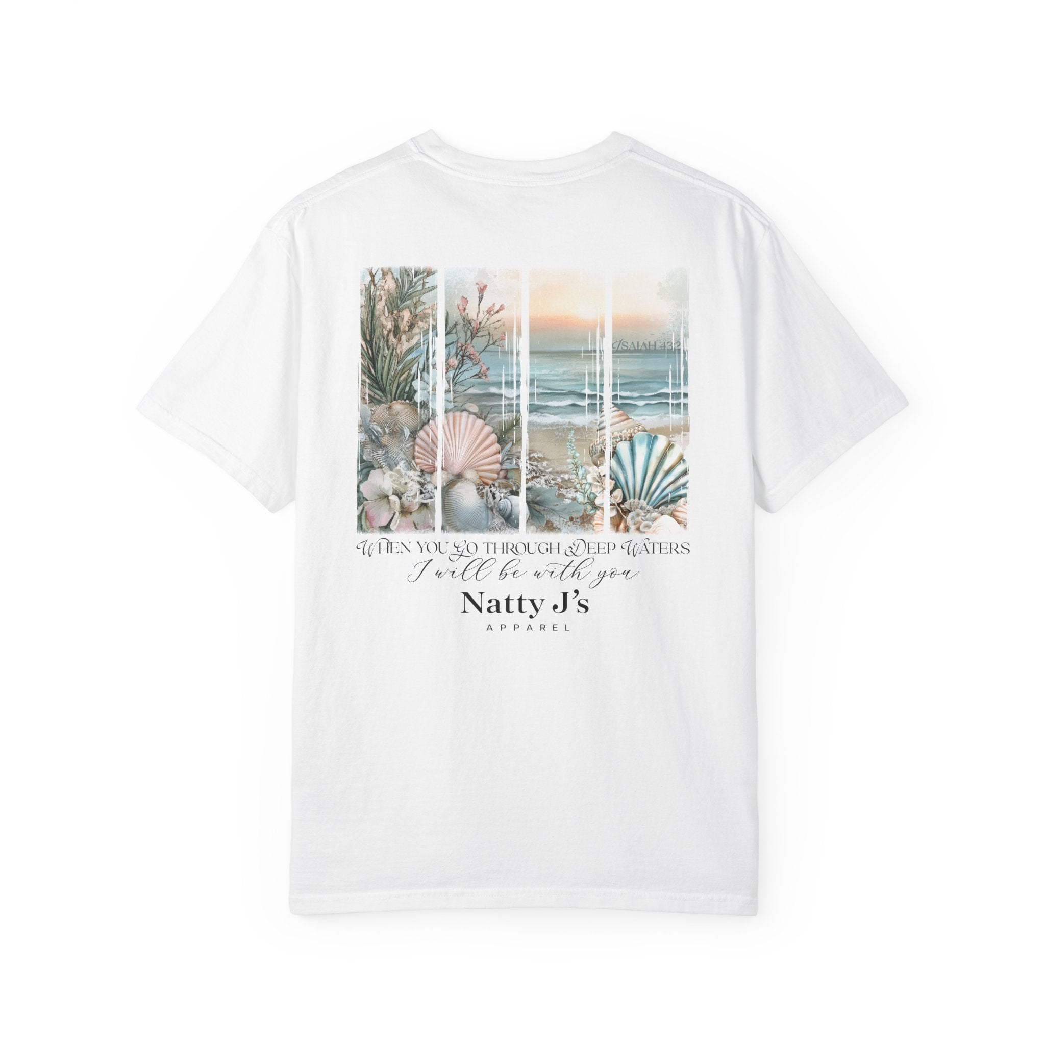 women's christian t shirt with ocean beach scene and isaiah 43:2 scripture on white shirt
coastal faith graphic tee with seashells and ocean waves design for women
inspirational bible verse shirt when you go through deep waters design
womens beach themed christian shirt with calming coastal artwork
faith based womens t shirt with ocean scene and scripture quote Featuring NattyJ's Apparel