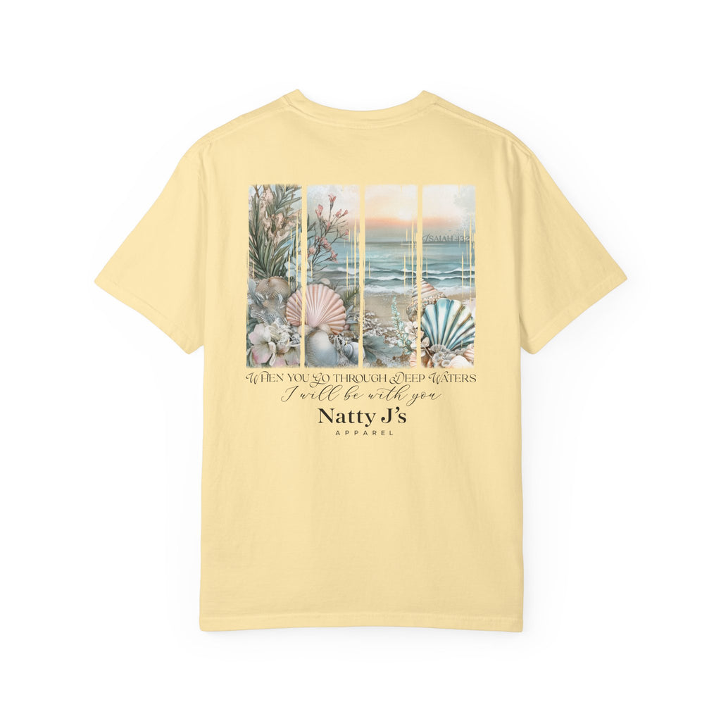 womens christian t shirt with ocean beach scene and isaiah 43:2 scripture on Yellow (Butter) shirt
coastal faith graphic tee with seashells and ocean waves design for women
inspirational bible verse shirt when you go through deep waters design
womens beach themed christian shirt with calming coastal artwork
faith based womens t shirt with ocean scene and scripture quote featuring NattyJ's Apparel