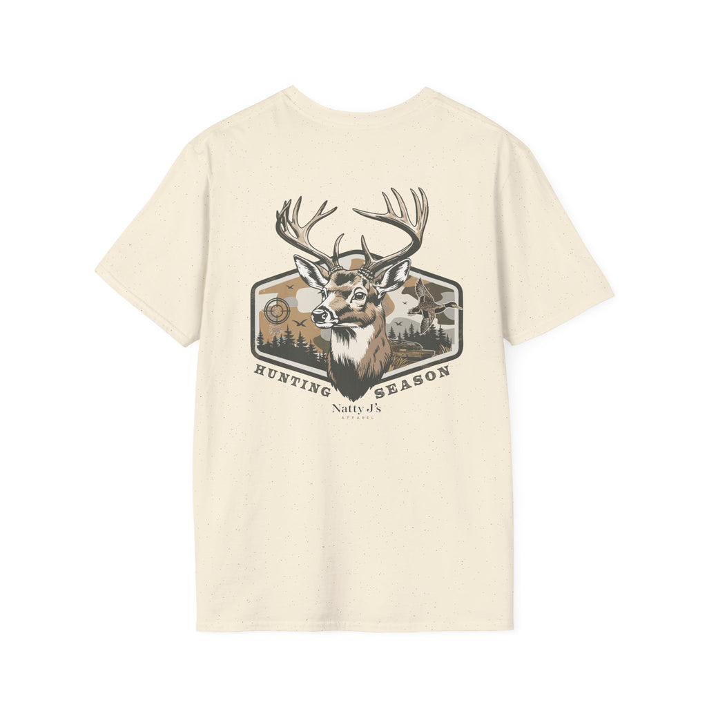 Beige t-shirt with a deer graphic and 'Hunting Season' text featuring 'NattyJ's Apparel' Branding
