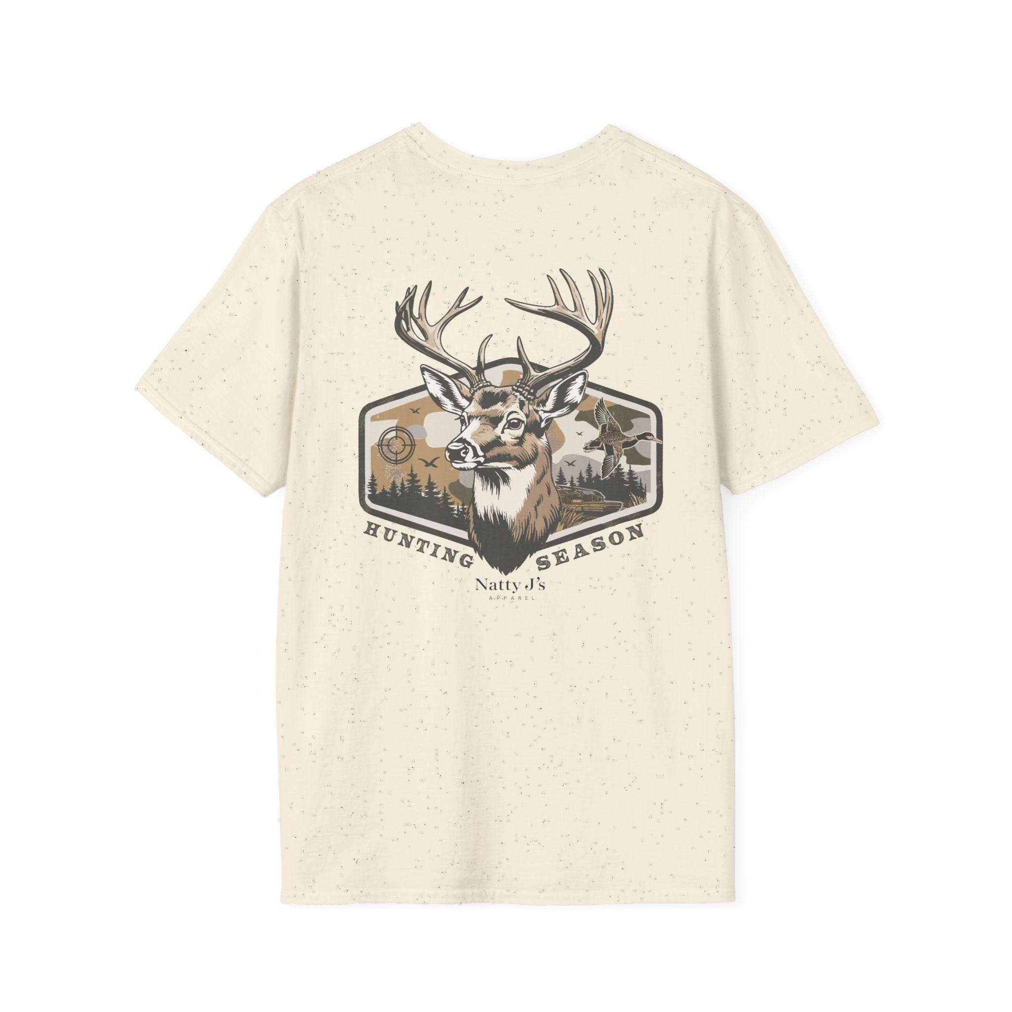 Beige t-shirt with a deer graphic and 'Hunting Season' text featuring 'NattyJ's Apparel' Branding