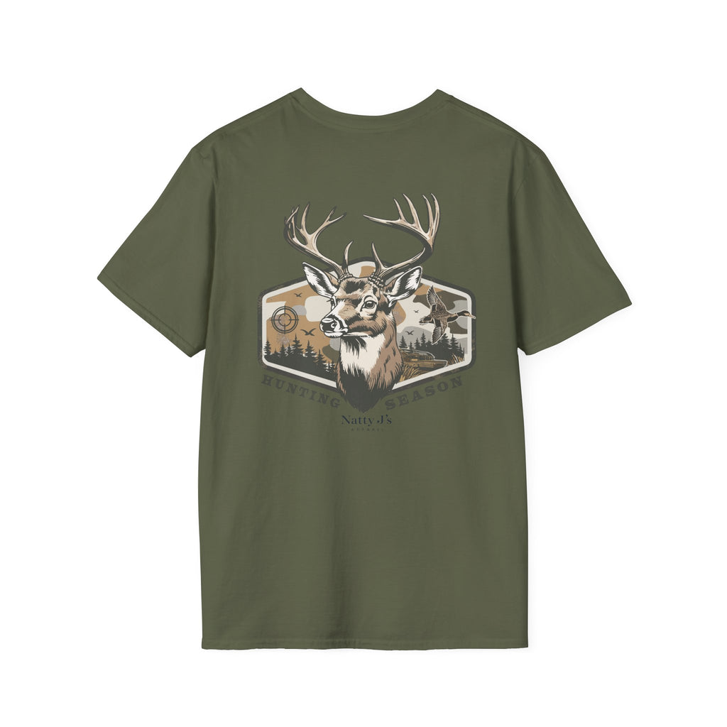 Green (Military Green) t-shirt with a deer graphic featuring 'NattyJ's Apparel' branding