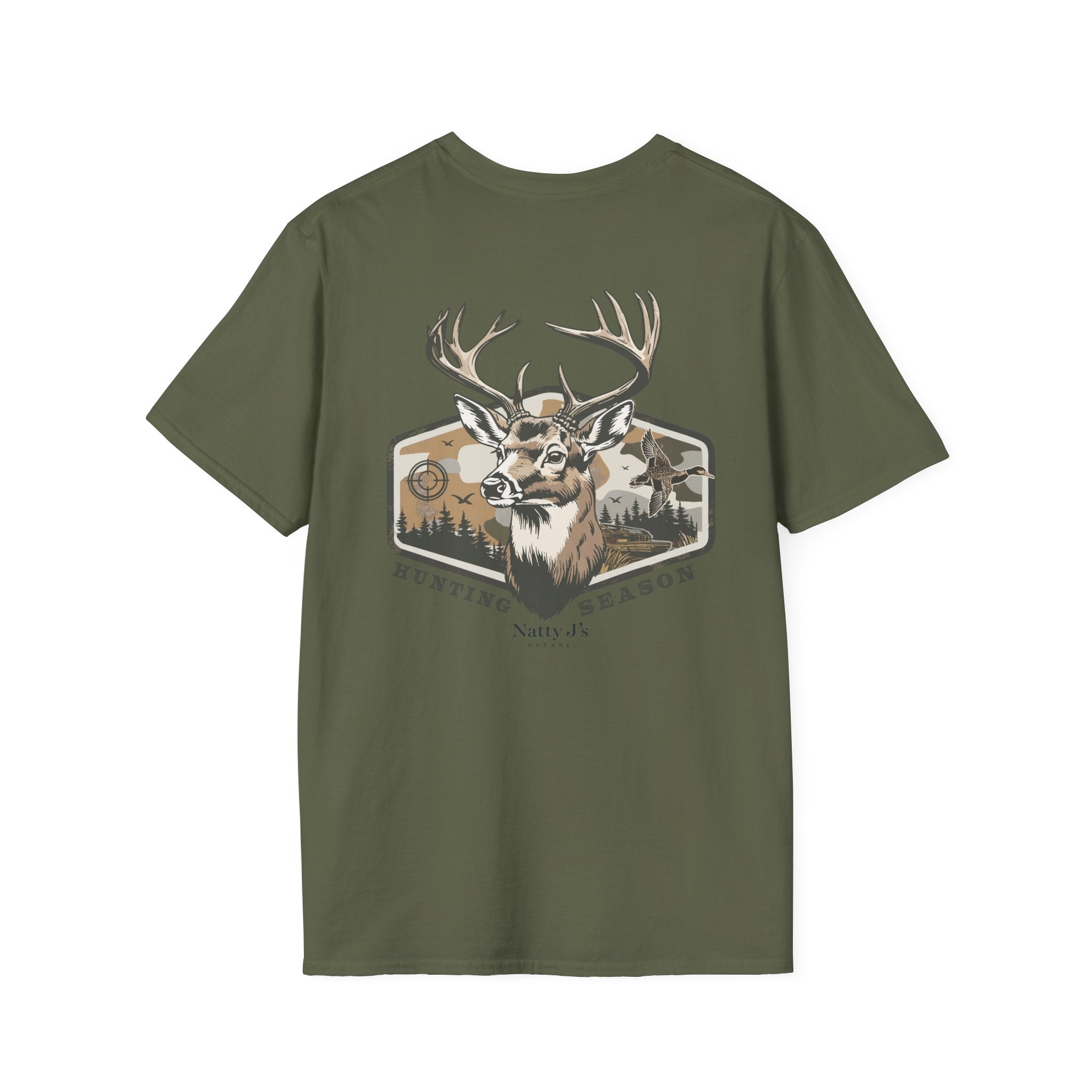 Green (Military Green) t-shirt with a deer graphic featuring 'NattyJ's Apparel' branding