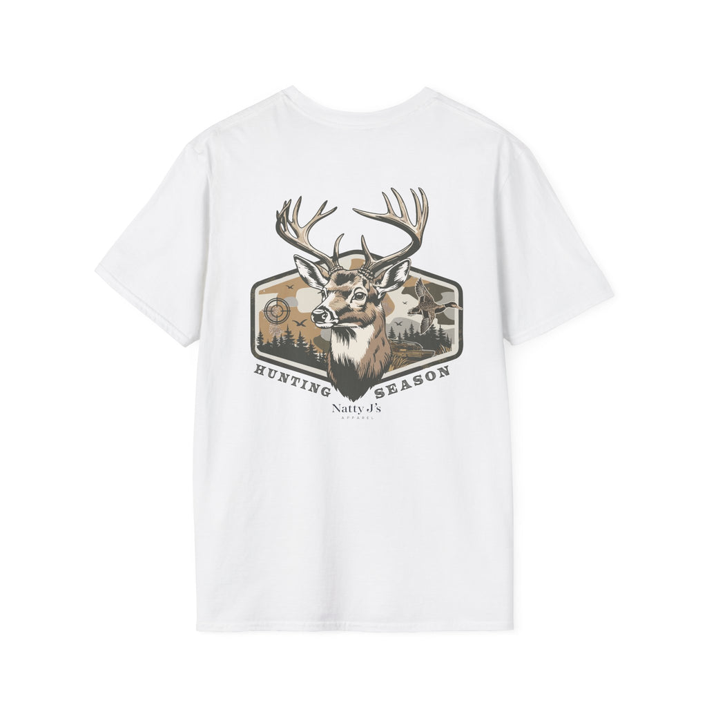 White t-shirt with a deer graphic and 'Hunting Season' text featuring 'NattyJ's Apparel' branding