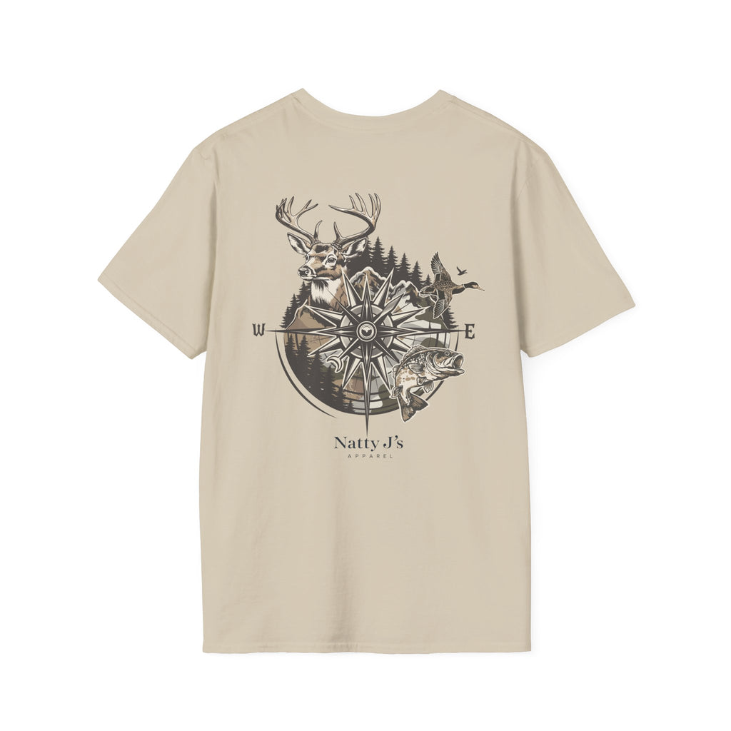 Beige t-shirt with nature-themed compass graphic and 'Natty J's Apparel' branding