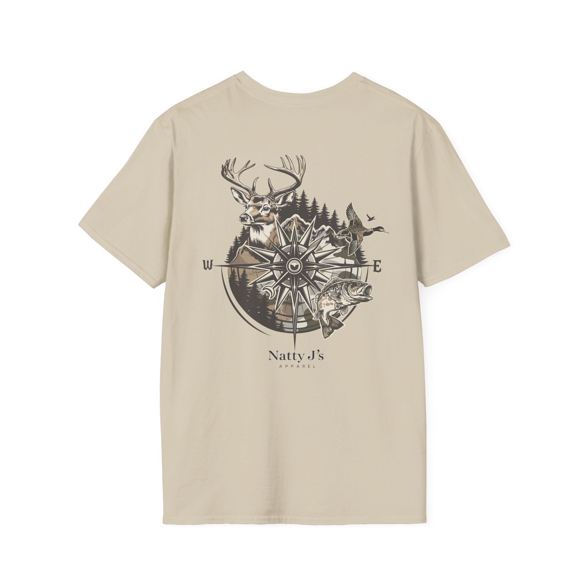 Beige t-shirt with nature-themed compass graphic and 'Natty J's Apparel' branding