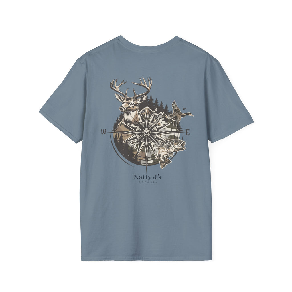 Blue (stone Blue) t-shirt with nature-themed compass design featuring a deer, compass, and fish Featuring 'NattyJ's Apparel' Branding.