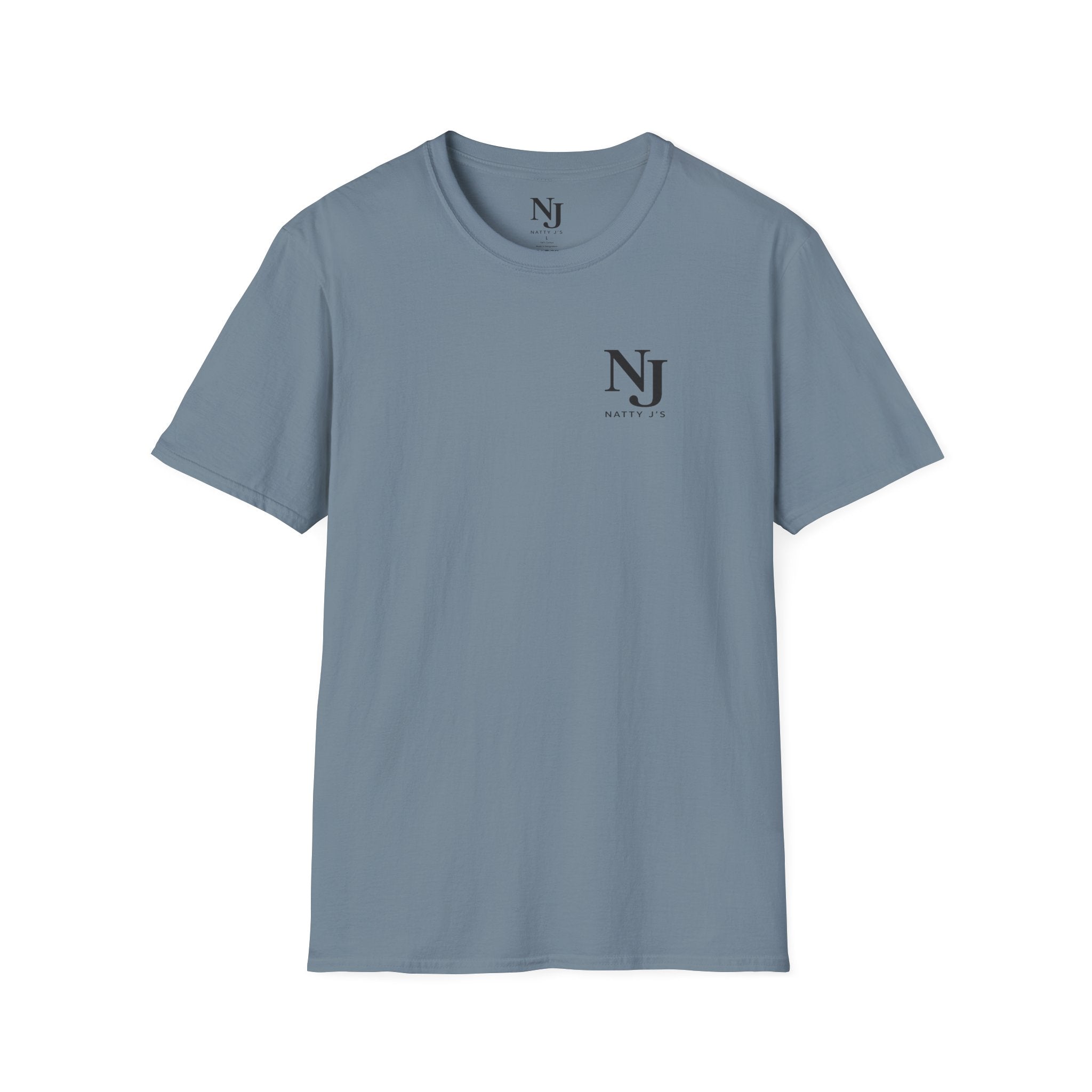 Blue (stone Blue) t-shirt with 'NJ NattyJ's' Left chest logo 