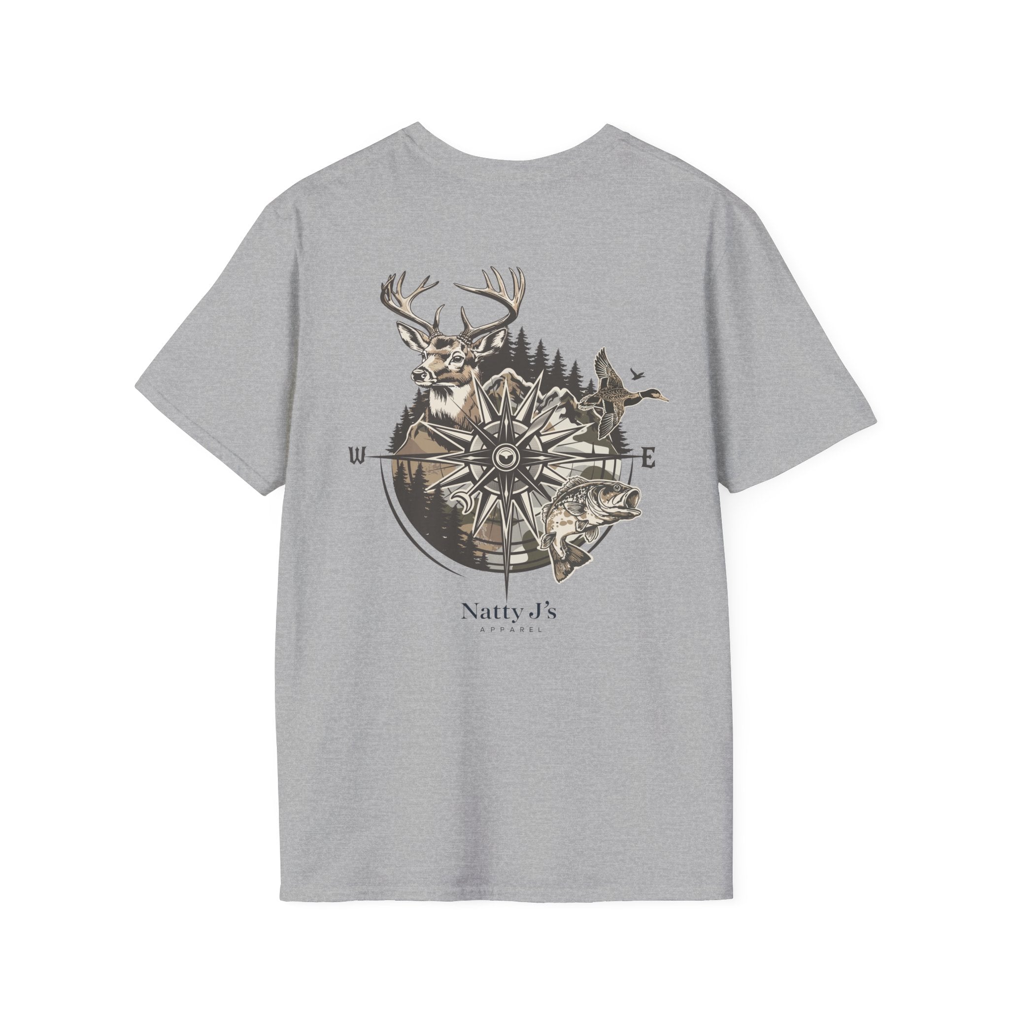 Gray t-shirt with nature-themed compass graphic featuring 'NattyJ's Apparel' branding