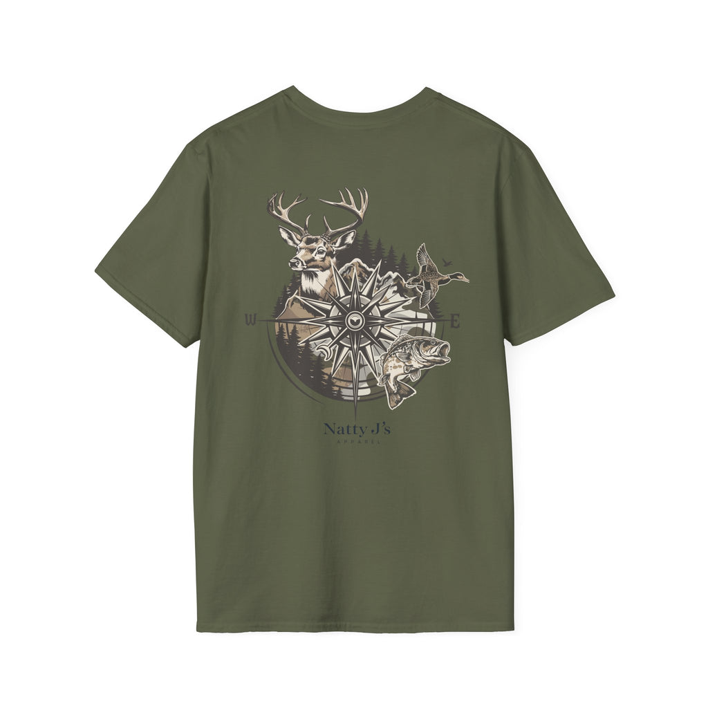 Green (military green) t-shirt with nature-themed Compass graphic featuring 'Natty J's Apparel' Branding