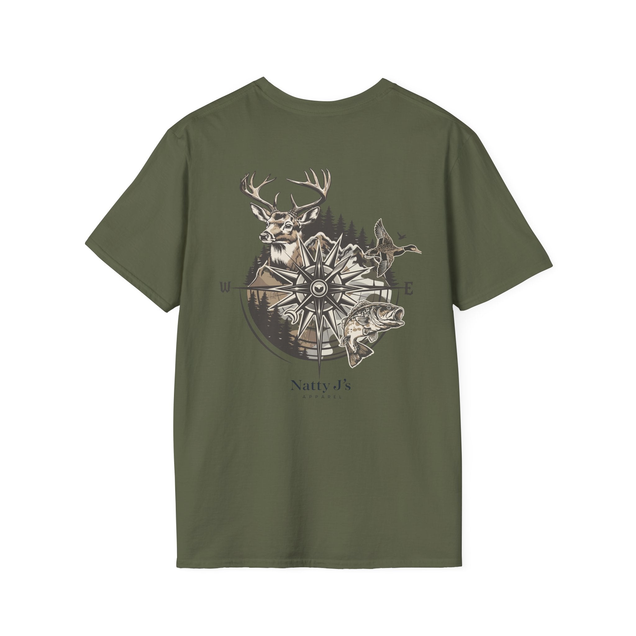 Green (military green) t-shirt with nature-themed Compass graphic featuring 'Natty J's Apparel' Branding