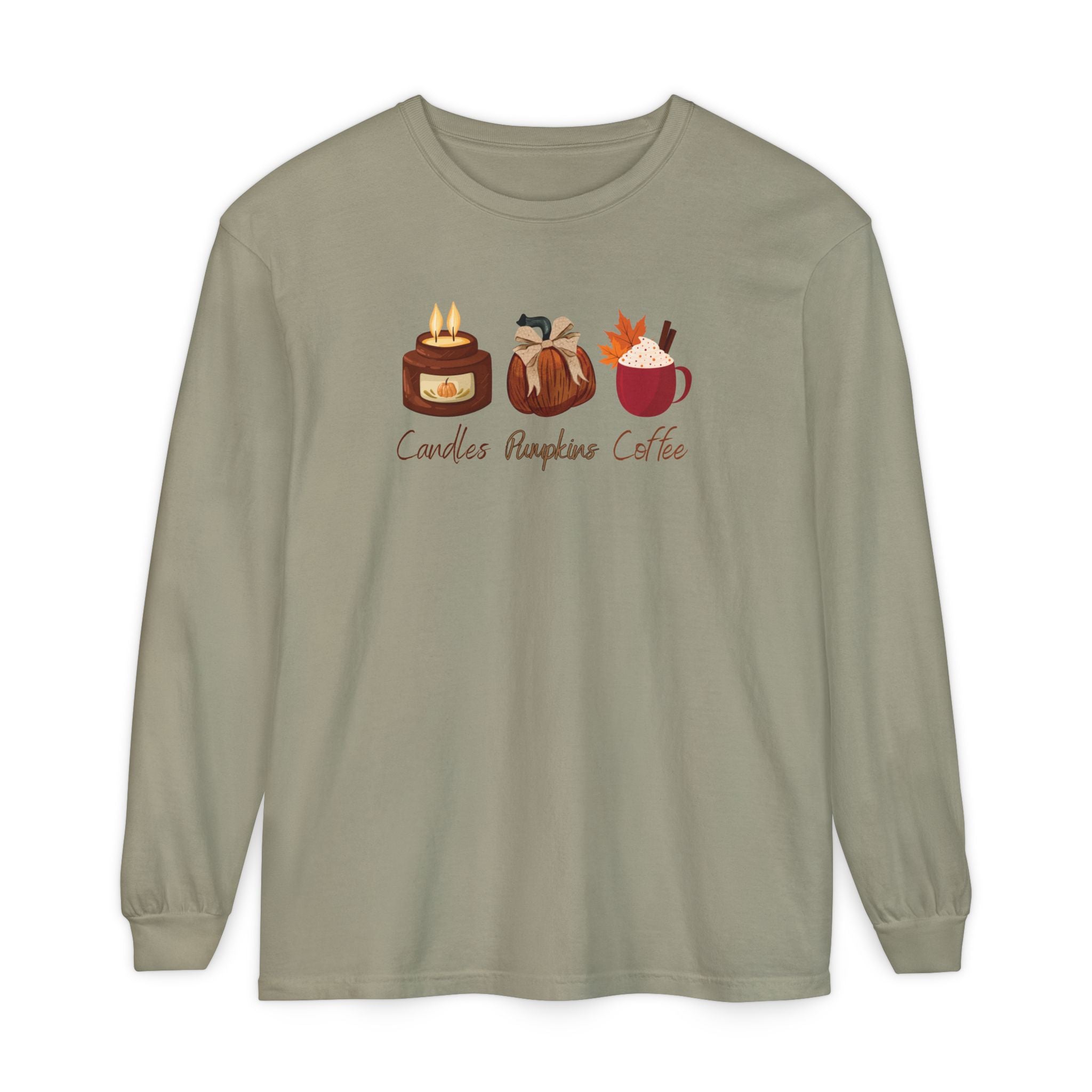 A sage green long-sleeve t-shirt with a graphic on the chest showing a candle, a pumpkin, and a mug of pumpkin spice coffee, with the text 'Candles Pumpkin Coffee' underneath.