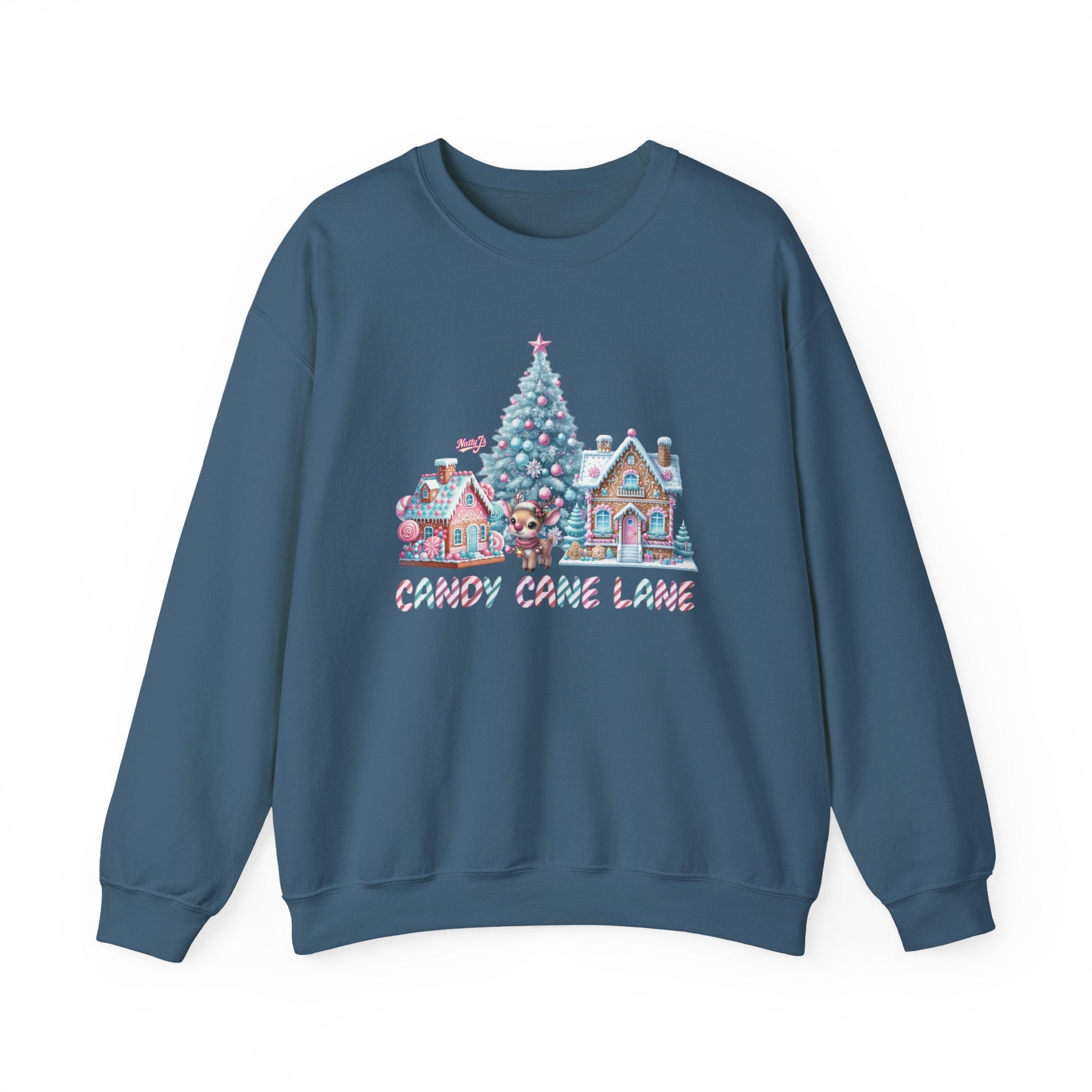 A slate blue crewneck sweatshirt featuring a colorful Christmas village graphic on the chest with a decorated tree, candy cane houses, and the text 'CANDY CANE LANE'.