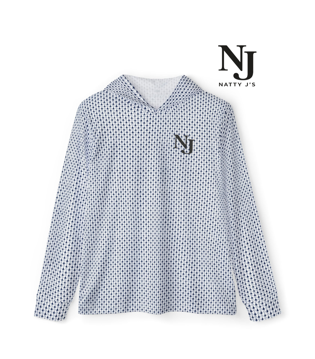 Men's navy net all-over print performance golf hoodie, front view, Natty J's Apparel