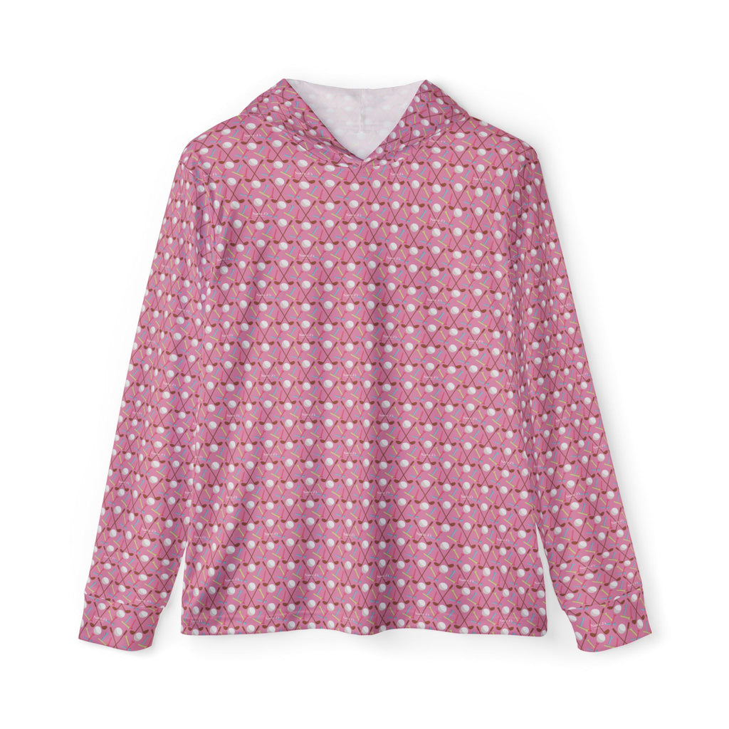 Pink all-over print performance golf hoodie, front view, Natty J's Apparel