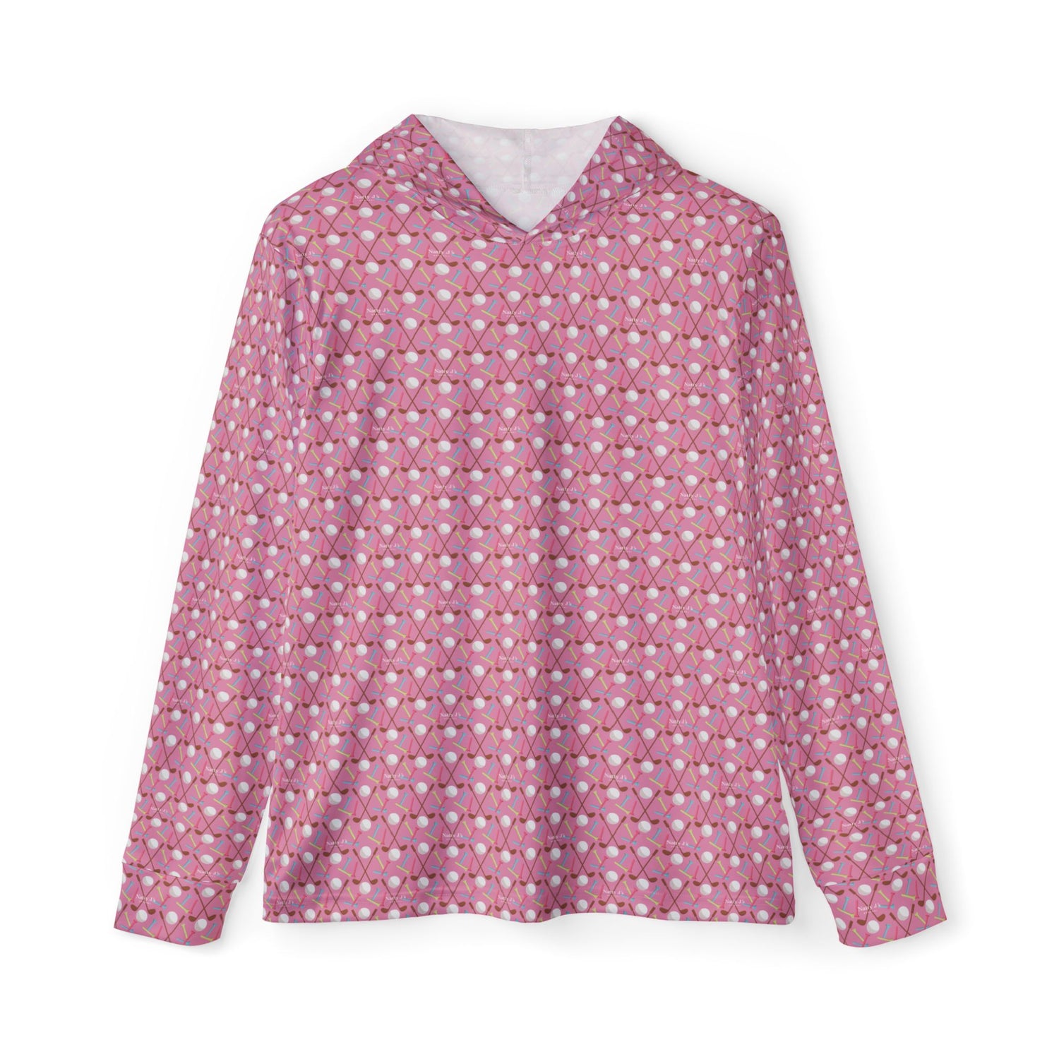Pink all-over print performance golf hoodie, front view, Natty J's Apparel