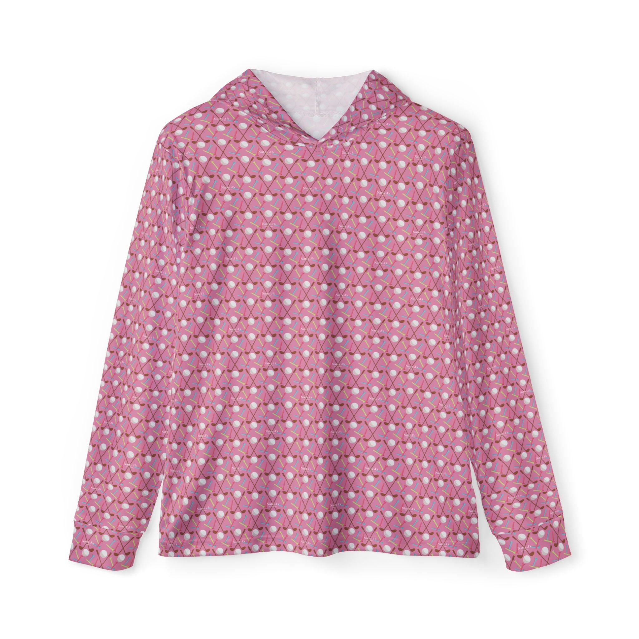 Pink all-over print performance golf hoodie, front view, Natty J's Apparel
