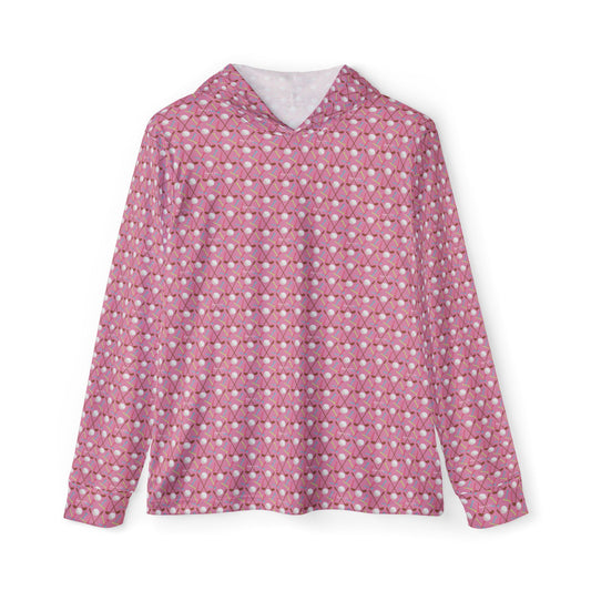 Pink all-over print performance golf hoodie, front view, Natty J's Apparel