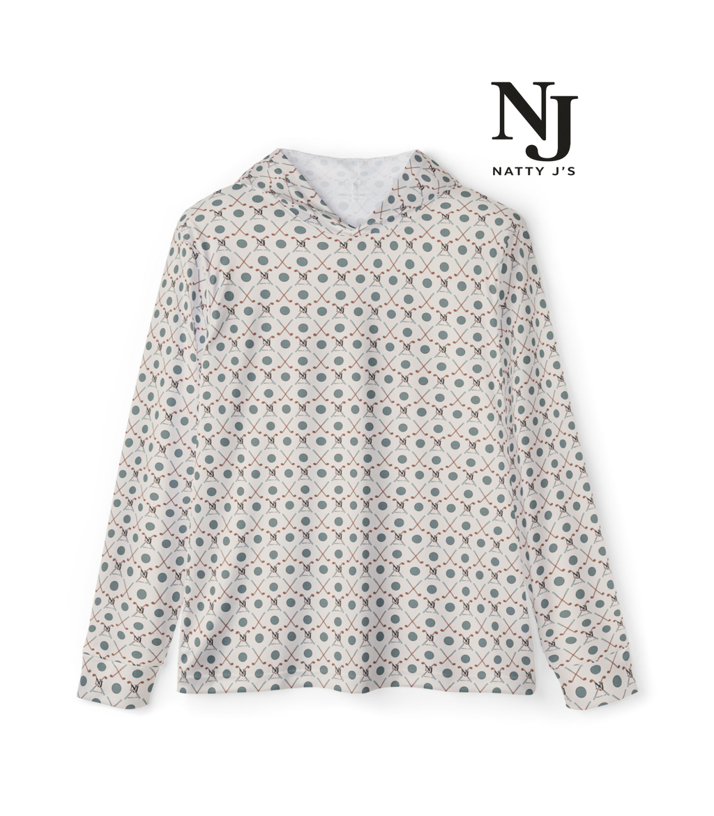Patterned hoodie with 'Natty J's' logo on a white background