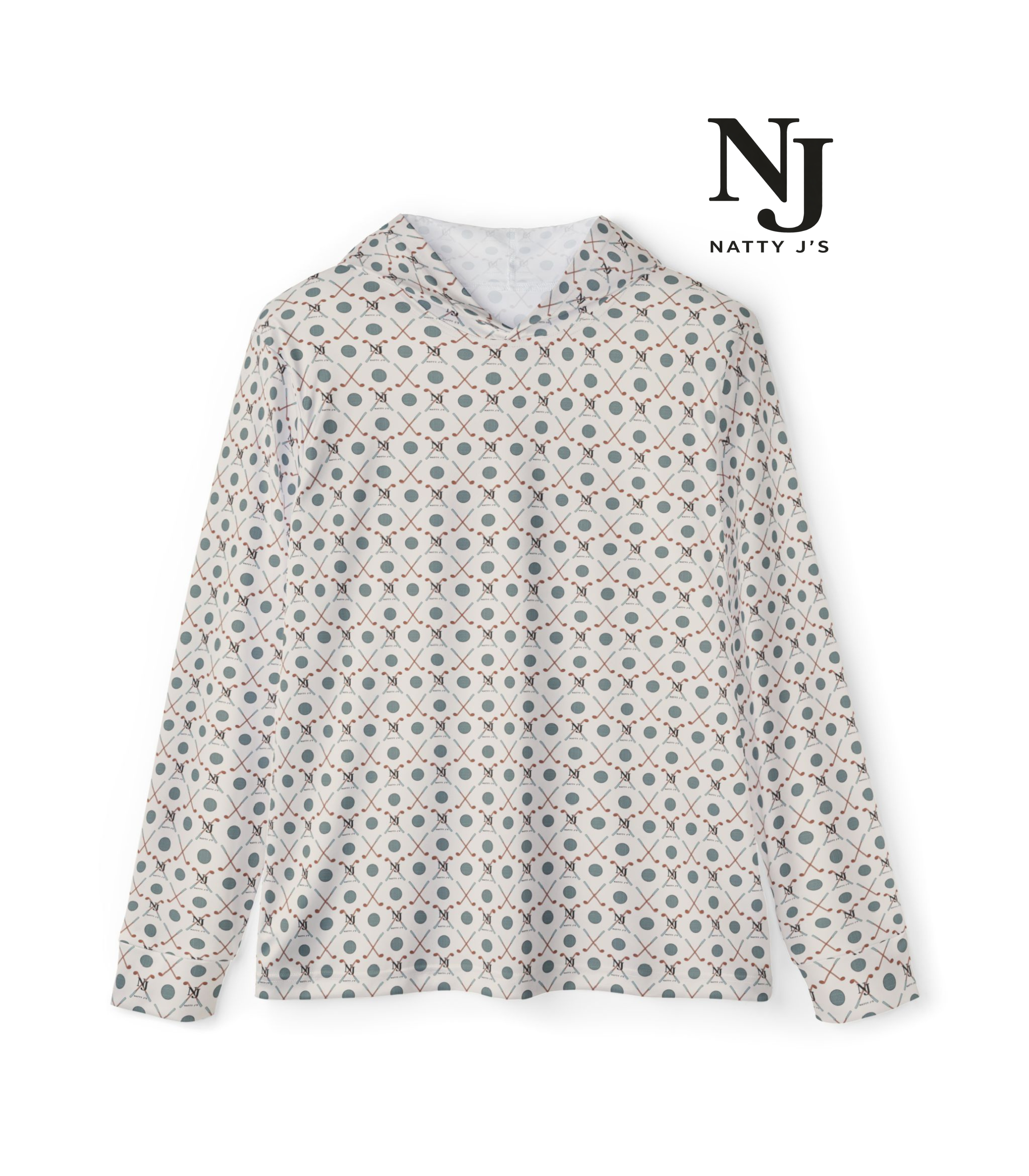 Patterned hoodie with 'Natty J's' logo on a white background